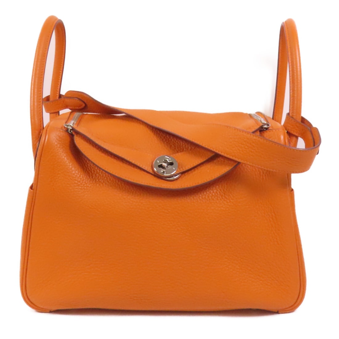 Hermes Lindy 30 Orange Clemence Leather Shoulder Bag PHW: Hermes Lindy 30 Orange Clemence Leather Shoulder Bag PHW Hermes Lindy 30 2-way shoulder bag in orange Taurillon Clemence and calfskin. This women's bag is made in France and features palladium-tone ha