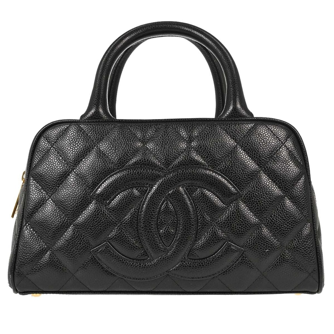 CHANEL Bowling 27 Top Handle Bag Black Caviar Leather: CHANEL Bowling 27 Top Handle Bag Black Caviar Leather Chanel Bowling Bag 27 in black caviar skin leather with a zip closure, double handles, logo accents, and inner storage pockets. This medium top ha