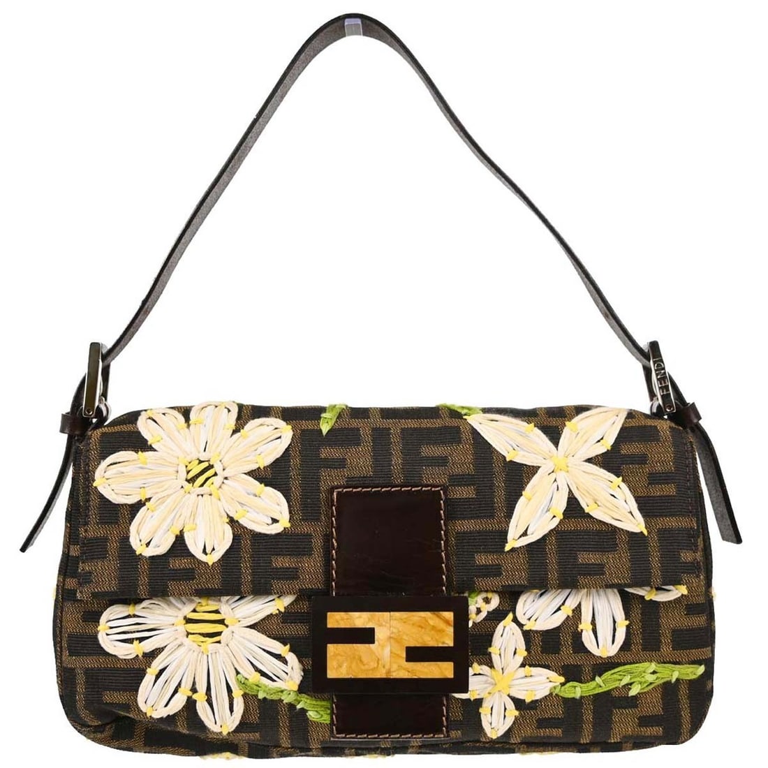 Fendi Baguette Shoulder Bag Brown Canvas Zucca Floral Embroidery: Fendi Baguette Shoulder Bag Brown Canvas Zucca Floral Embroidery Fendi Baguette handbag in brown canvas with Zucca pattern and floral embroidery accents. This medium shoulder bag features a magnetic c