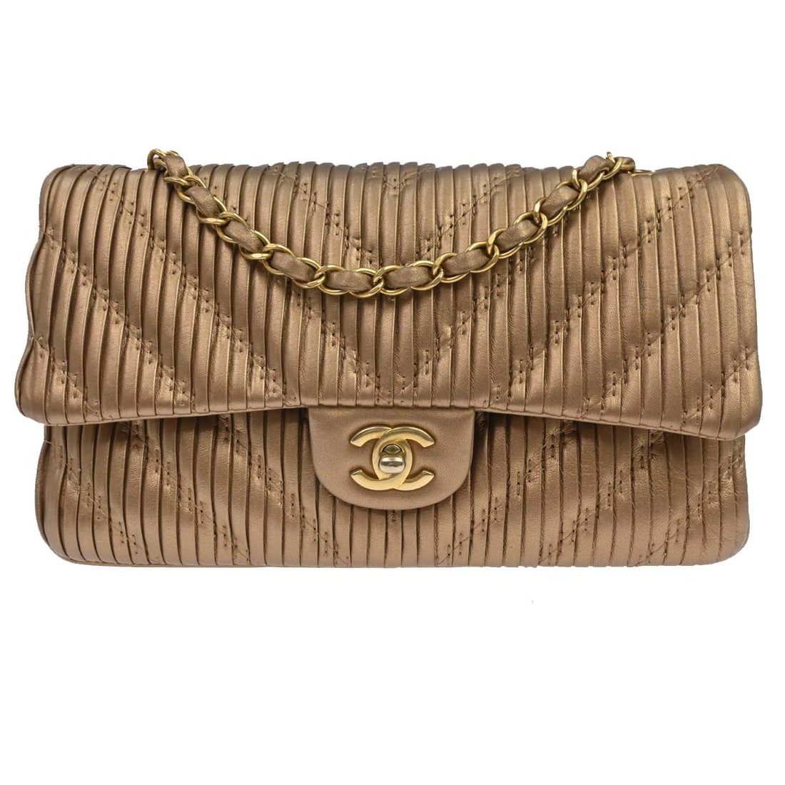 CHANEL Classic Double Flap Medium Shoulder Bag Bronze Calfskin: CHANEL Classic Double Flap Medium Shoulder Bag Bronze Calfskin Chanel Classic Double Flap Medium shoulder bag in bronze calfskin leather with matelasse quilting, a turnlock closure, and leather lining