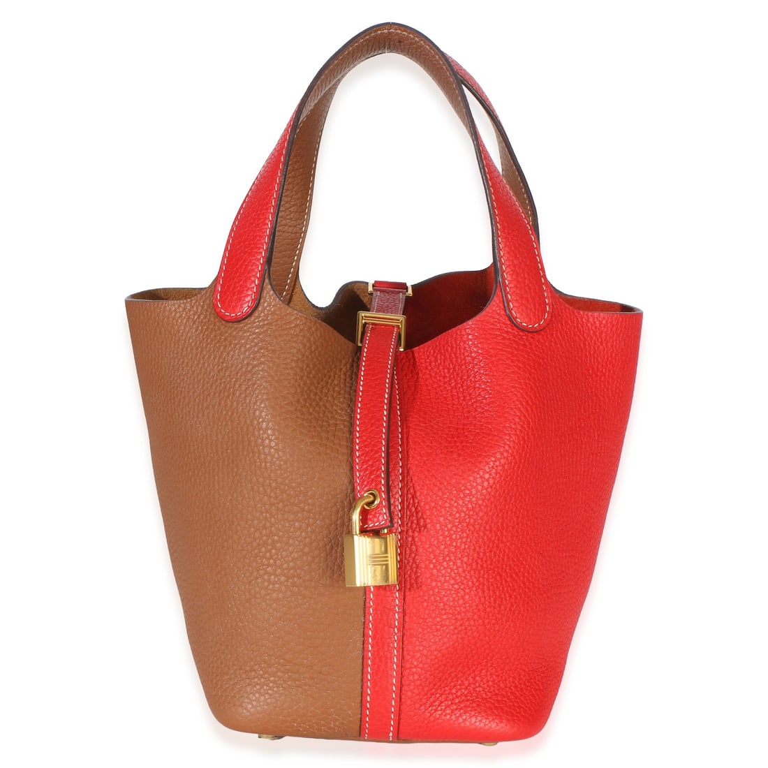 Hermes Casaque Picotin Lock 18 Clemence Leather Top Handle Bag: Hermes Casaque Picotin Lock 18 Clemence Leather Top Handle Bag Hermes Casaque Picotin Lock 18 handbag in Clemence leather with a brown and red colorway. This pre-owned top handle bag features an open 