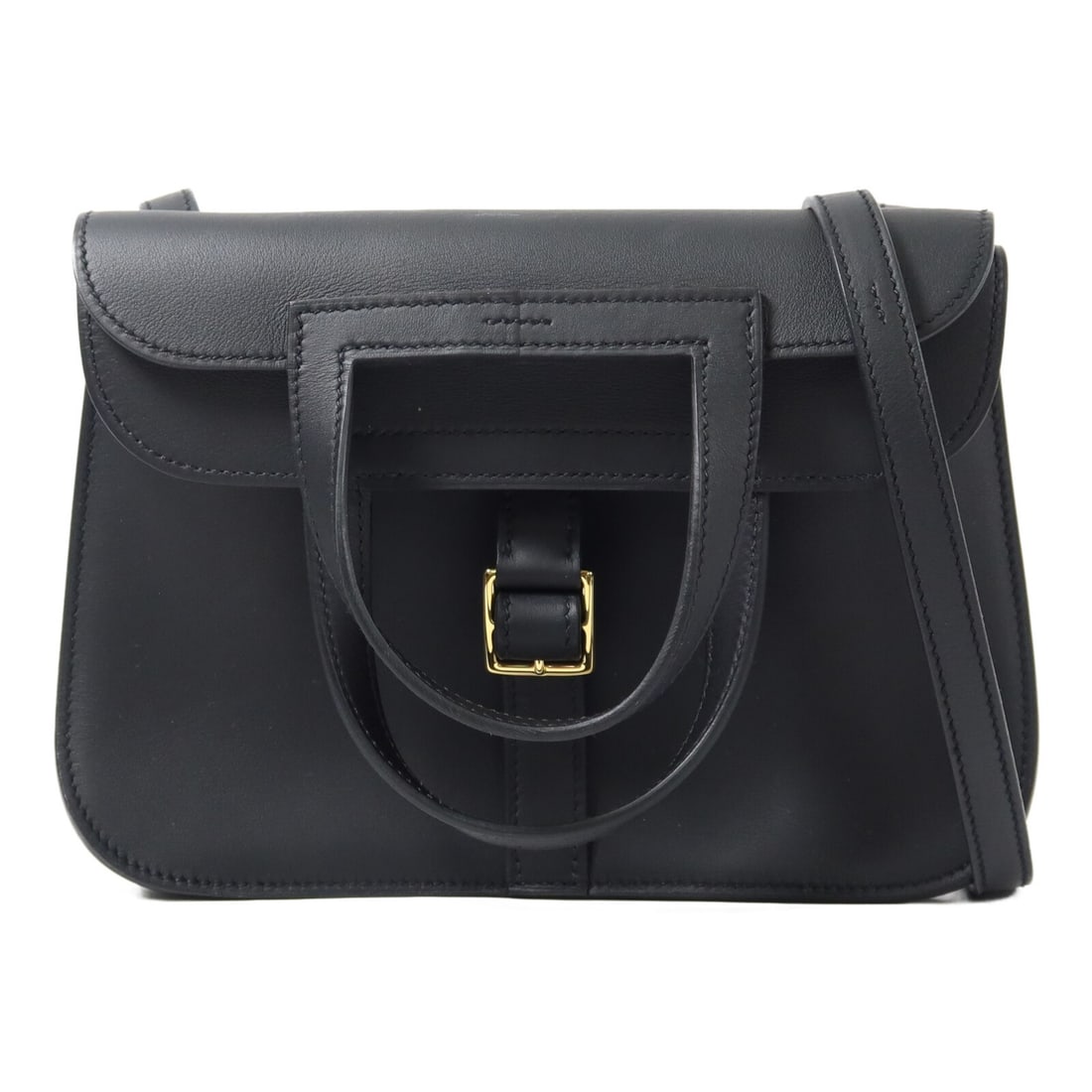 Hermes Mini Halzan 2way Shoulder Bag Noir Swift Calfskin: Hermes Mini Halzan 2way Shoulder Bag Noir Swift Calfskin Hermes Mini Halzan 2-way shoulder bag in Noir Veau Swift leather with black exterior and gold-tone hardware. This women's bag includes four ope