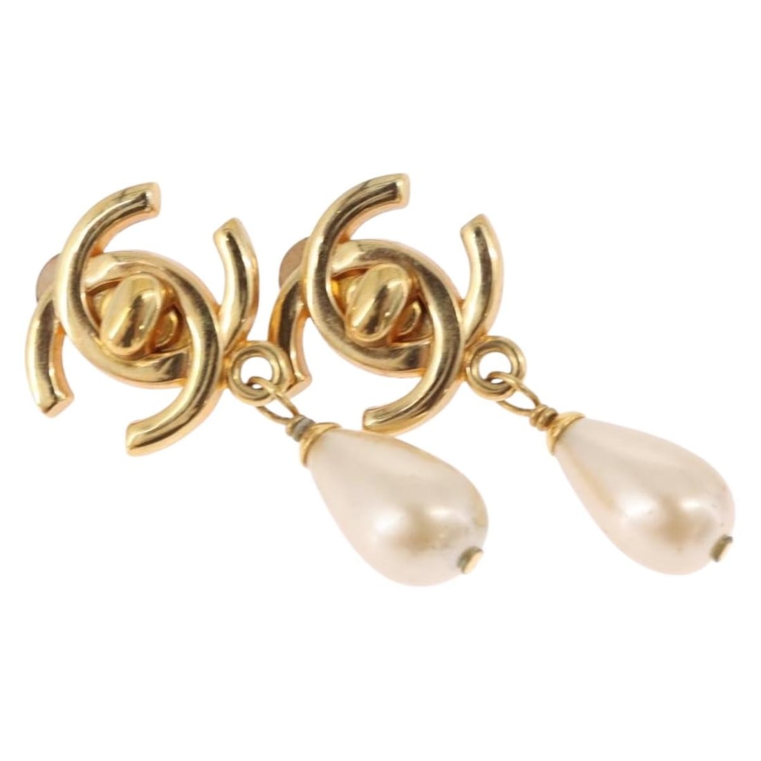 CHANEL Gold Tone Metal CC Earrings France with Box: CHANEL Gold Tone Metal CC Earrings France with Box Authentic CHANEL women's earring in gold-tone metal with the iconic CC motif. Made in France, this piece comes with its item box. Condition is B with