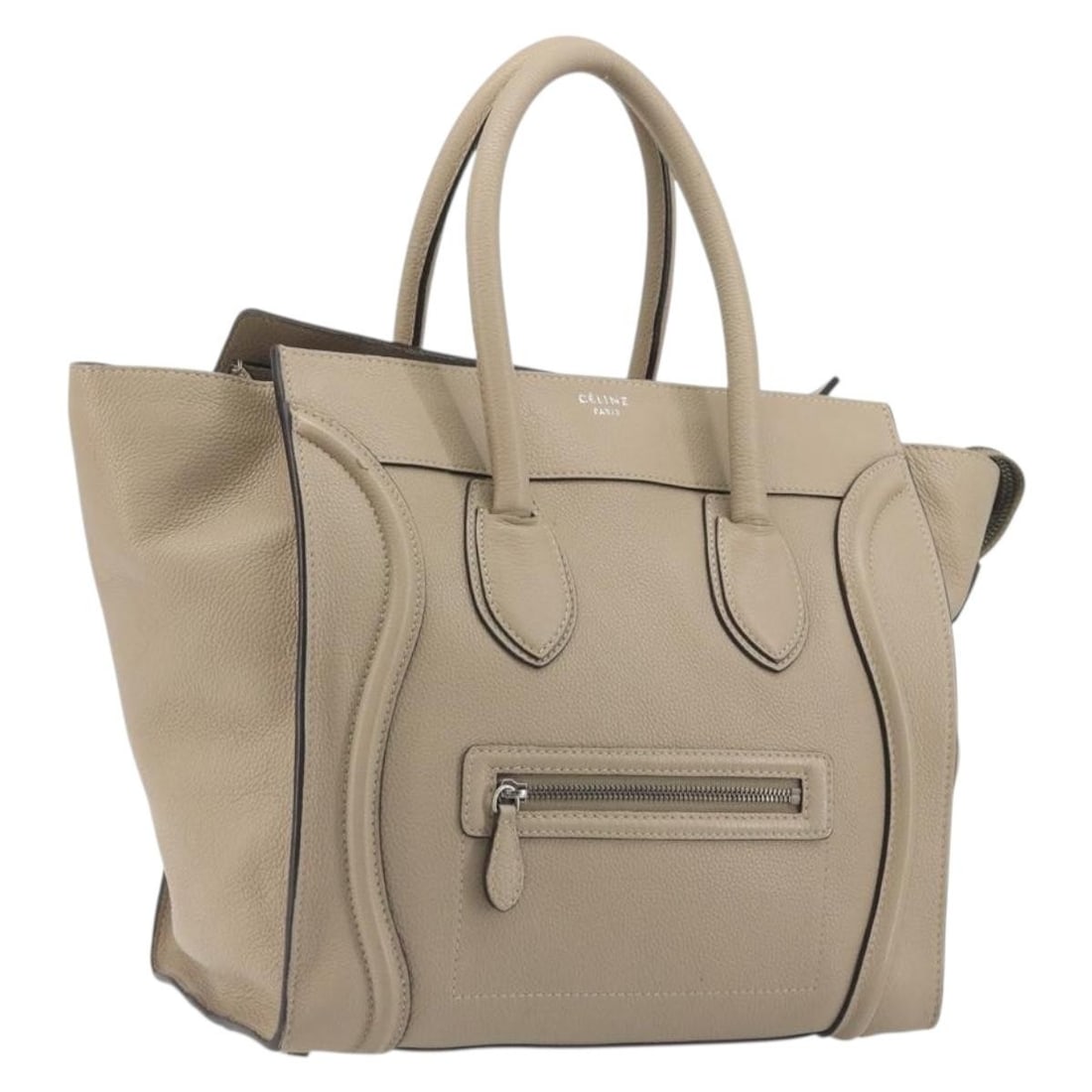 CELINE Luggage Medium Leather Handbag Beige Silver Tone Dust Bag: CELINE Luggage Medium Leather Handbag Beige Silver Tone Dust Bag Authentic CELINE Luggage Medium hand bag in beige leather with silver-tone accents. Made in Italy, this women's bag includes a dust bag