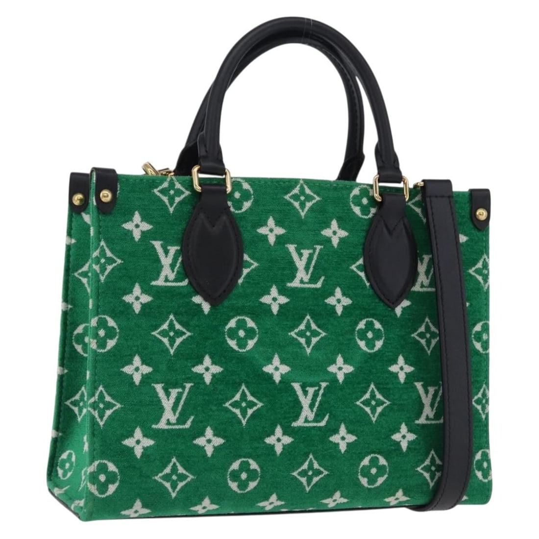 Louis Vuitton M46216 On the Go PM Green Monogram Handbag: Louis Vuitton M46216 On the Go PM Green Monogram Handbag Louis Vuitton On the Go PM handbag in green monogram jacquard velvet with monogram canvas. Made in France, this women's handbag includes a dust