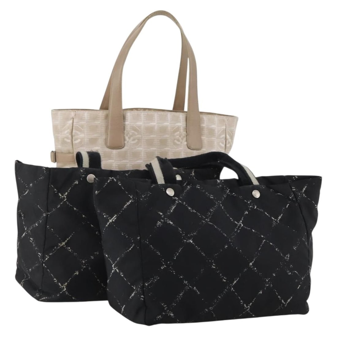 3 Piece CHANEL New Travel Line Nylon Tote Bag Set Black Beige: 3 Piece CHANEL New Travel Line Nylon Tote Bag Set Black Beige CHANEL New Travel Line tote bag 3-set in black and beige nylon. This women's tote bag set is made in France and includes only the items sh