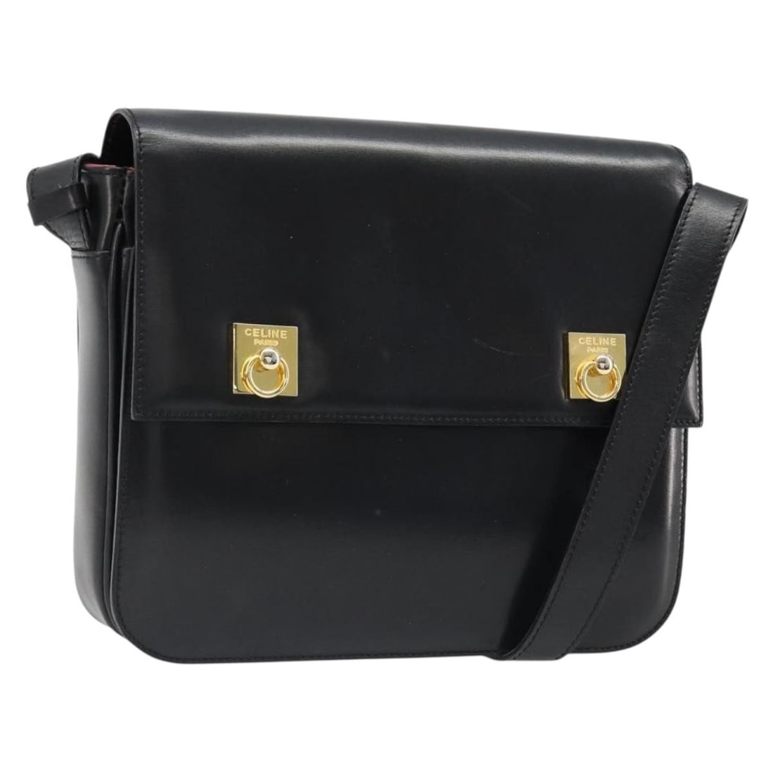 CELINE leather shoulder bag black with gold tone hardware: CELINE leather shoulder bag black with gold tone hardware Authentic CELINE shoulder bag in black leather with gold-tone accents. Made in Italy, this women's bag features a compact shoulder silhouette 
