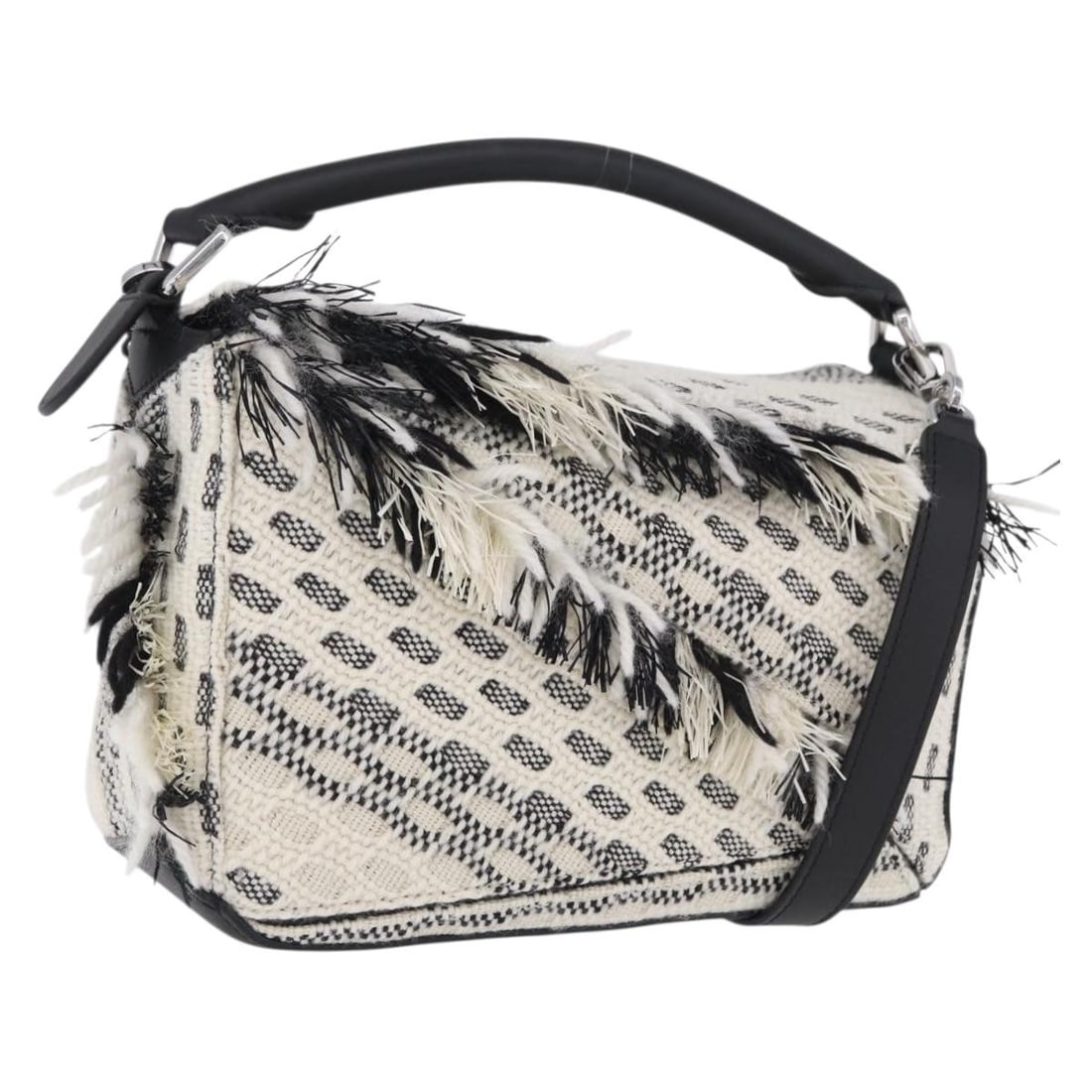 LOEWE AniAlverse Small Puzzle Hand Bag White Cotton Spain: LOEWE AniAlverse Small Puzzle Hand Bag White Cotton Spain LOEWE AniAlverse Collaboration Puzzle Bag Small in white cotton with silver-tone accents. Made in Spain, this women's handbag includes a dust 