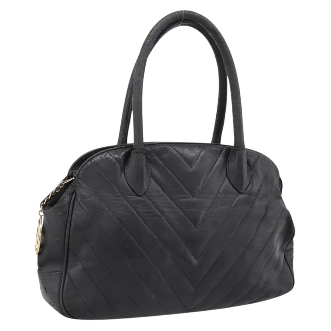 CHANEL V Stitch Leather Handbag Black with Gold CC: CHANEL V Stitch Leather Handbag Black with Gold CC CHANEL V Stitch hand bag in black leather with gold-tone CC detailing. This women's handbag is made in Italy and shows heavy overall wear, including 