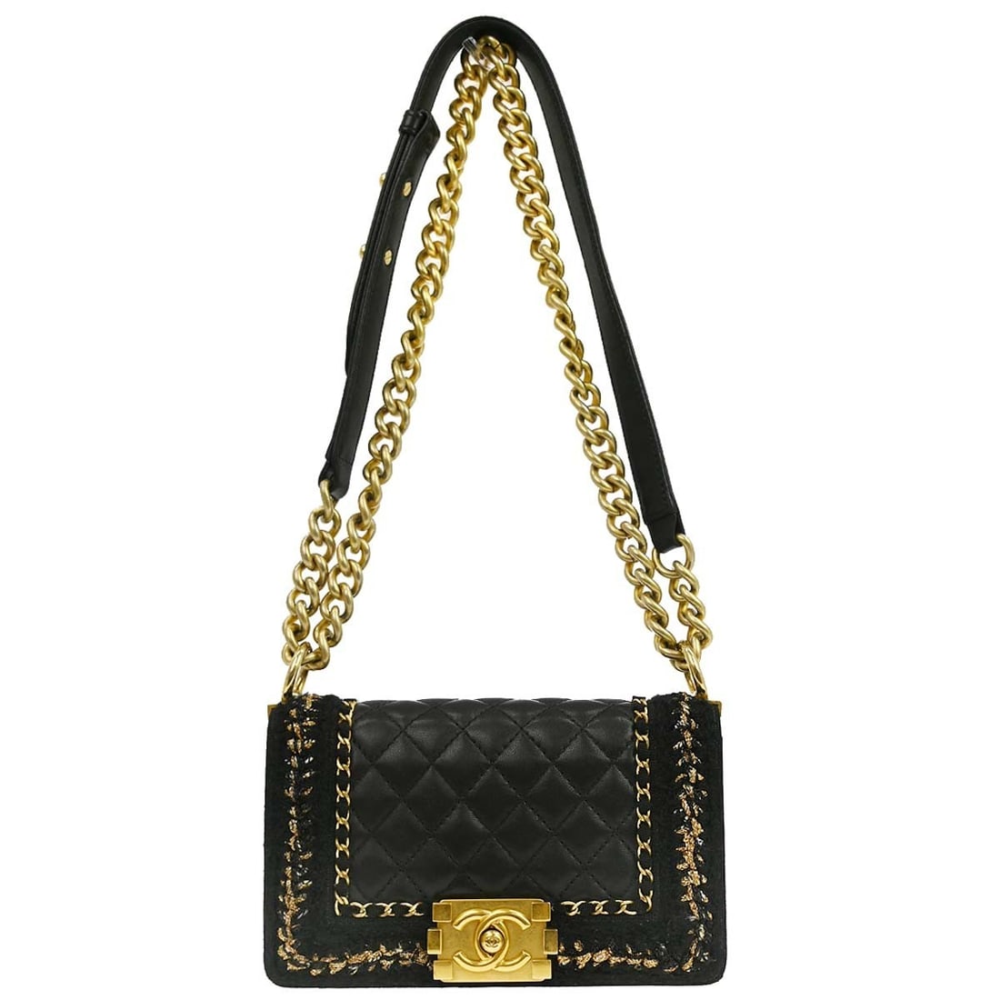 CHANEL Boy Chanel Mini Shoulder Bag Black Lambskin Tweed Chain Strap: CHANEL Boy Chanel Mini Shoulder Bag Black Lambskin Tweed Chain Strap Chanel Boy Chanel small chain shoulder bag in black lambskin and tweed. This women's shoulder bag features a clasp flap closure, ch