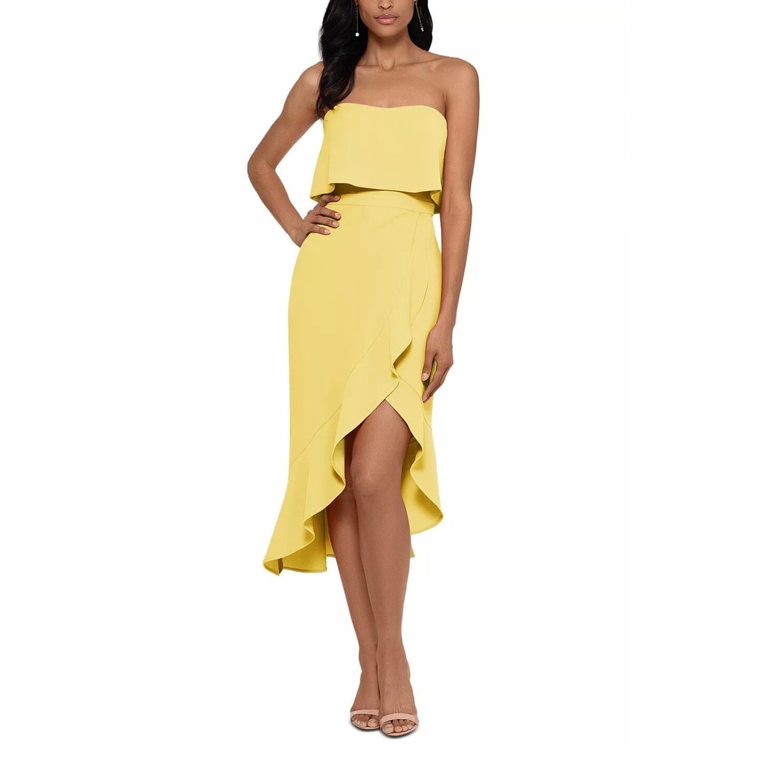 Xscape Petite Lemon Yellow Ruffled High-Low Sheath Dress 8P: Xscape Petite Lemon Yellow Ruffled High-Low Sheath Dress 8P Enhance your wardrobe with the Xscape Petite Ruffled High-Low Dress in a vibrant lemon yellow. This stunning sheath dress features a mermaid