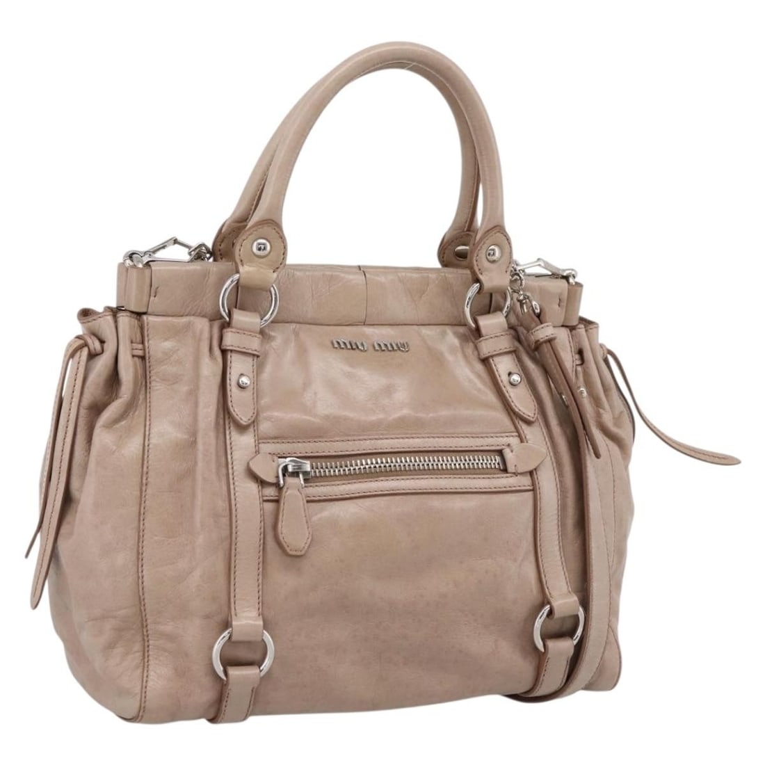 Miu Miu Pink Silver Leather 2 Way Handbag with Strap: Miu Miu Pink Silver Leather 2 Way Handbag with Strap Authentic Miu Miu Vitellolux 2-way handbag in pink leather with silver-tone accents. This women's bag includes a top handle and a detachable should
