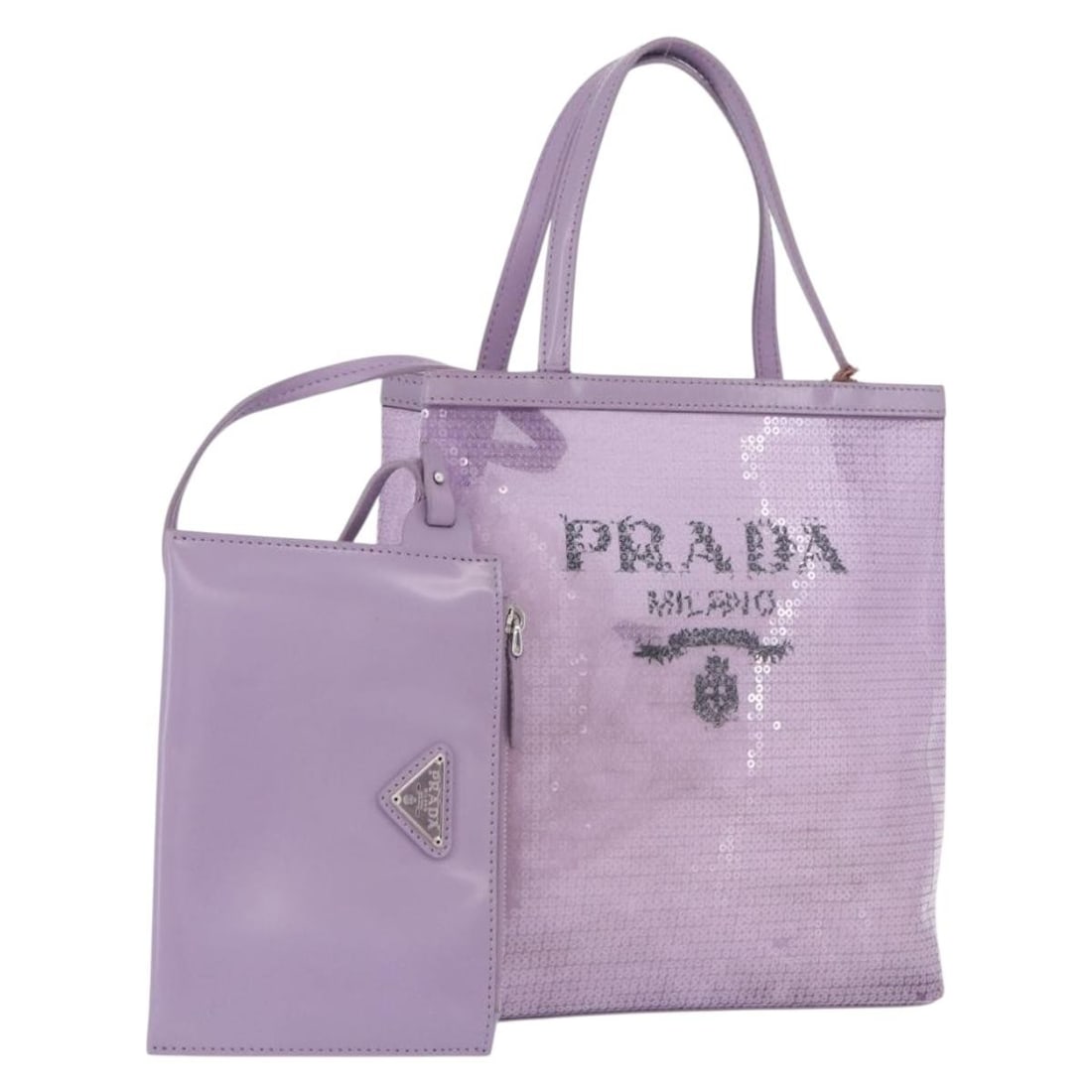 PRADA Purple Silver Nylon Sequin Handbag with Dust Bag Pouch: PRADA Purple Silver Nylon Sequin Handbag with Dust Bag Pouch Prada women's handbag in purple and silver nylon with mesh and sequin detailing. Includes a dust bag and pouch. This heavily used bag shows