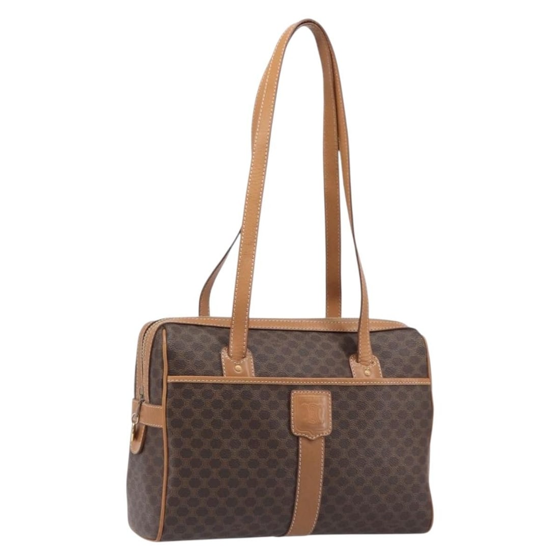 CELINE Macadam Shoulder Bag Brown PVC Leather Italy: CELINE Macadam Shoulder Bag Brown PVC Leather Italy Celine Macadam canvas shoulder bag in brown with gold-tone accents, crafted with PVC leather trim and made in Italy. This women's shoulder bag inclu