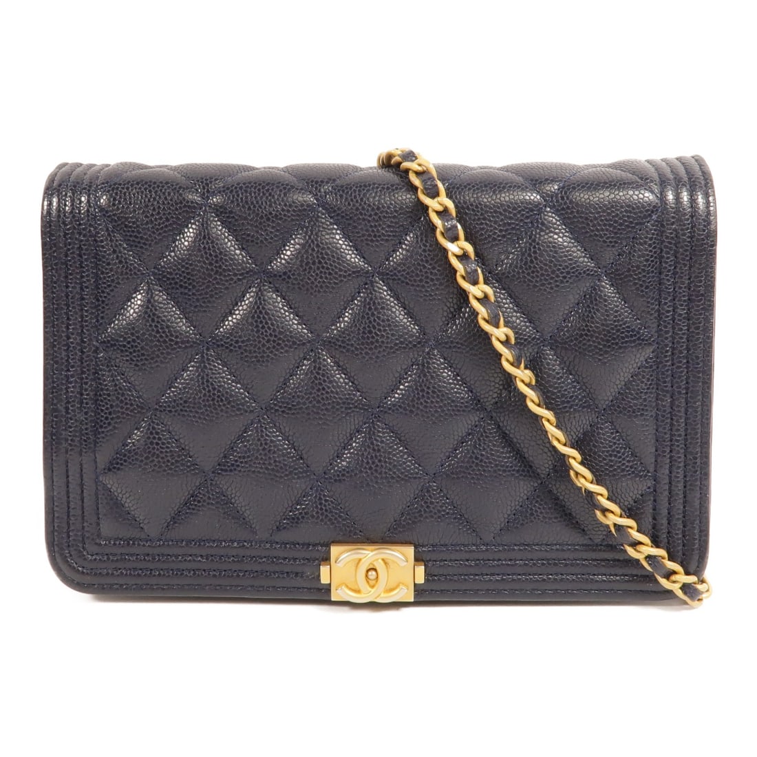 CHANEL Boy Chanel WOC Shoulder Bag Navy Calfskin GHW: CHANEL Boy Chanel WOC Shoulder Bag Navy Calfskin GHW Chanel Boy Chanel Wallet On Chain shoulder bag in navy calfskin leather with the CC closure and chain shoulder strap. This women's bag offers a com