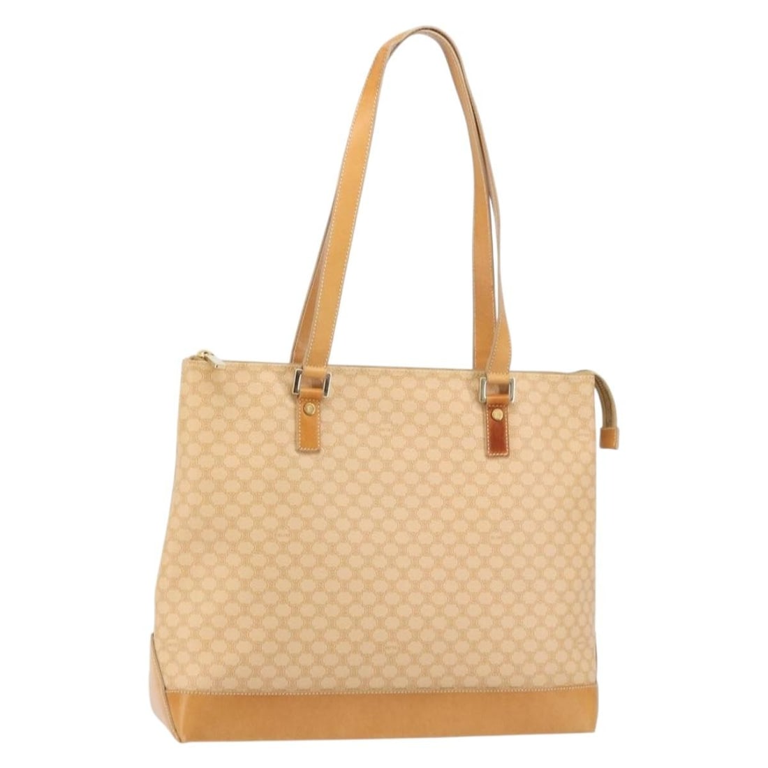 Celine Beige Macadam PVC Leather Tote Bag Gold Accents Italy: Celine Beige Macadam PVC Leather Tote Bag Gold Accents Italy This CELINE Macadam Canvas Tote Bag features a beige and gold color scheme with PVC leather and Macadam canvas exterior. The tote offers a 