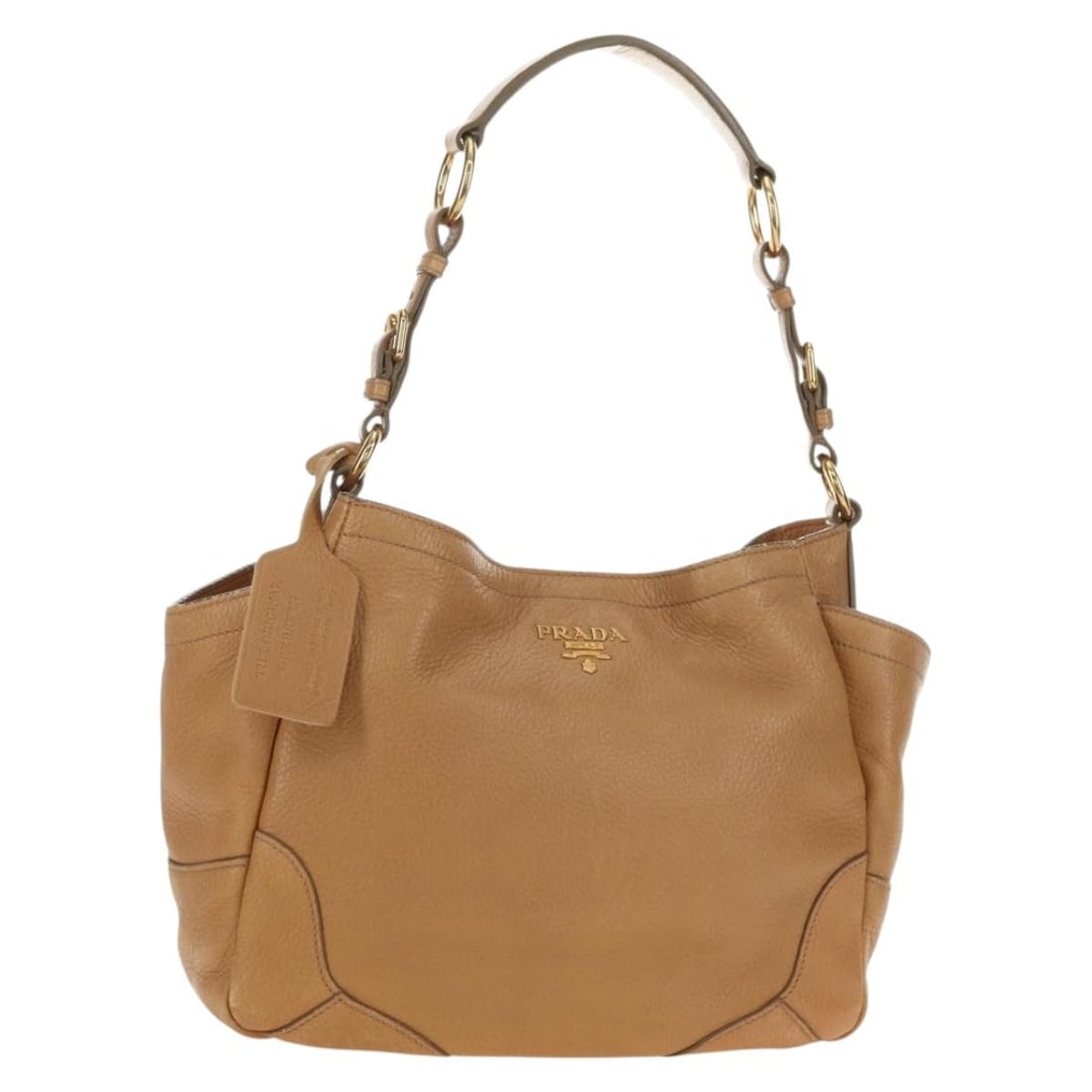 PRADA Beige Leather Shoulder Bag with Dust Bag Italy: PRADA Beige Leather Shoulder Bag with Dust Bag Italy Authentic Prada shoulder bag in beige leather with gold-tone accents. Made in Italy, this women's bag includes a dust bag and shows reasonable wear
