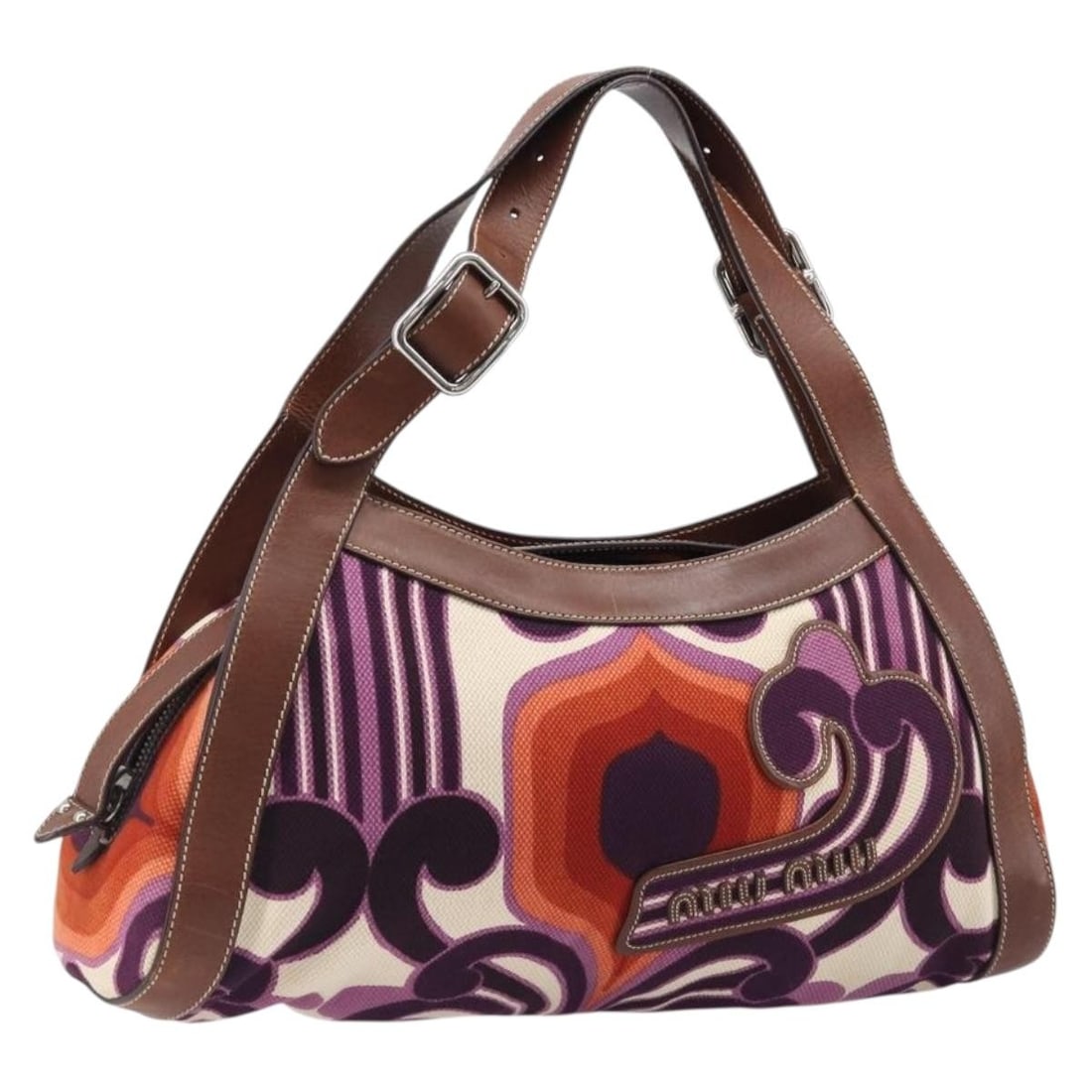 Miu Miu Purple Brown Canvas Hand Bag Made in Italy: Miu Miu Purple Brown Canvas Hand Bag Made in Italy Authentic Miu Miu women's handbag in purple and brown canvas, made in Italy. This used bag has a structured everyday silhouette with a canvas exterio