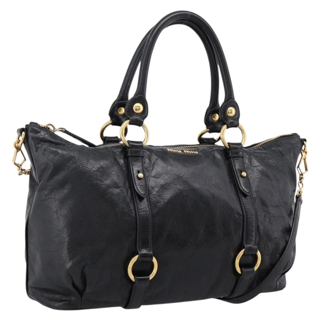 Miu Miu Vitello Shine Leather 2way Handbag Black Gold Tone: Miu Miu Vitello Shine Leather 2way Handbag Black Gold Tone Miu Miu Vittello Shine 2-way handbag in black leather with gold-tone accents. Made in Italy, this women's bag includes a shoulder strap for h