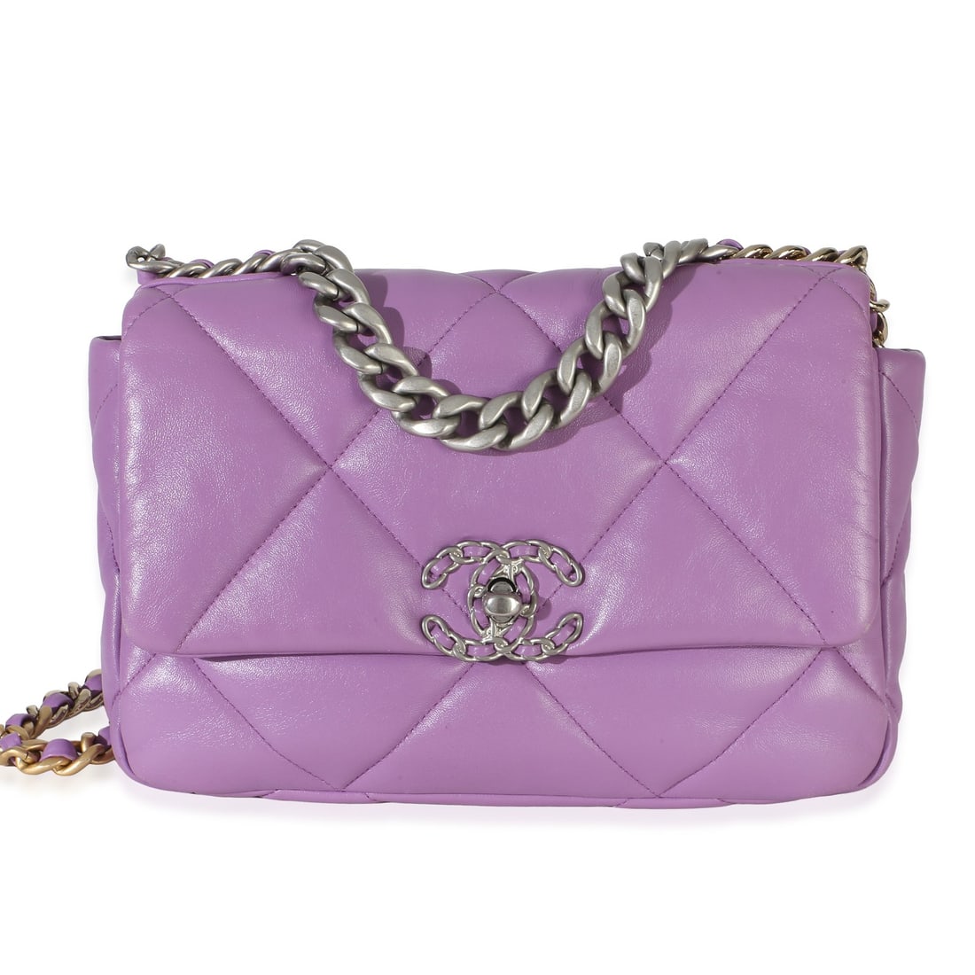 Chanel 19 Medium Flap Shoulder Bag Purple Quilted Lambskin: Chanel 19 Medium Flap Shoulder Bag Purple Quilted Lambskin A pre-owned Chanel 19 flap bag in purple quilted lambskin with a medium silhouette. This versatile design features a turnlock closure, fabric