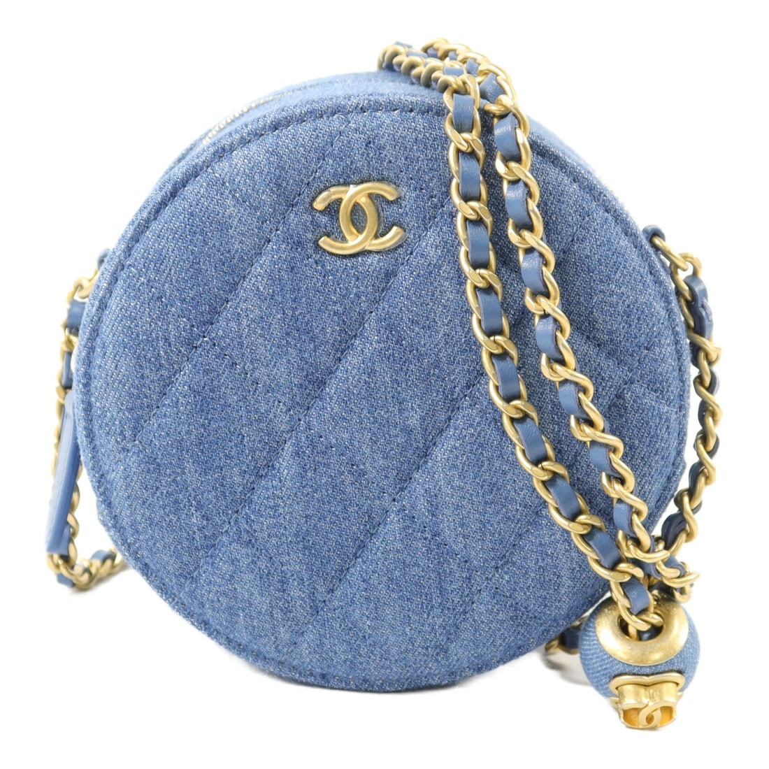 CHANEL AP1449 CC Round Crush Denim Shoulder Bag Blue Gold Ball: CHANEL AP1449 CC Round Crush Denim Shoulder Bag Blue Gold Ball Compact Chanel shoulder bag in blue denim with the CC motif and gold-tone ball detail. This women's shoulder bag is model AP1449 and feat