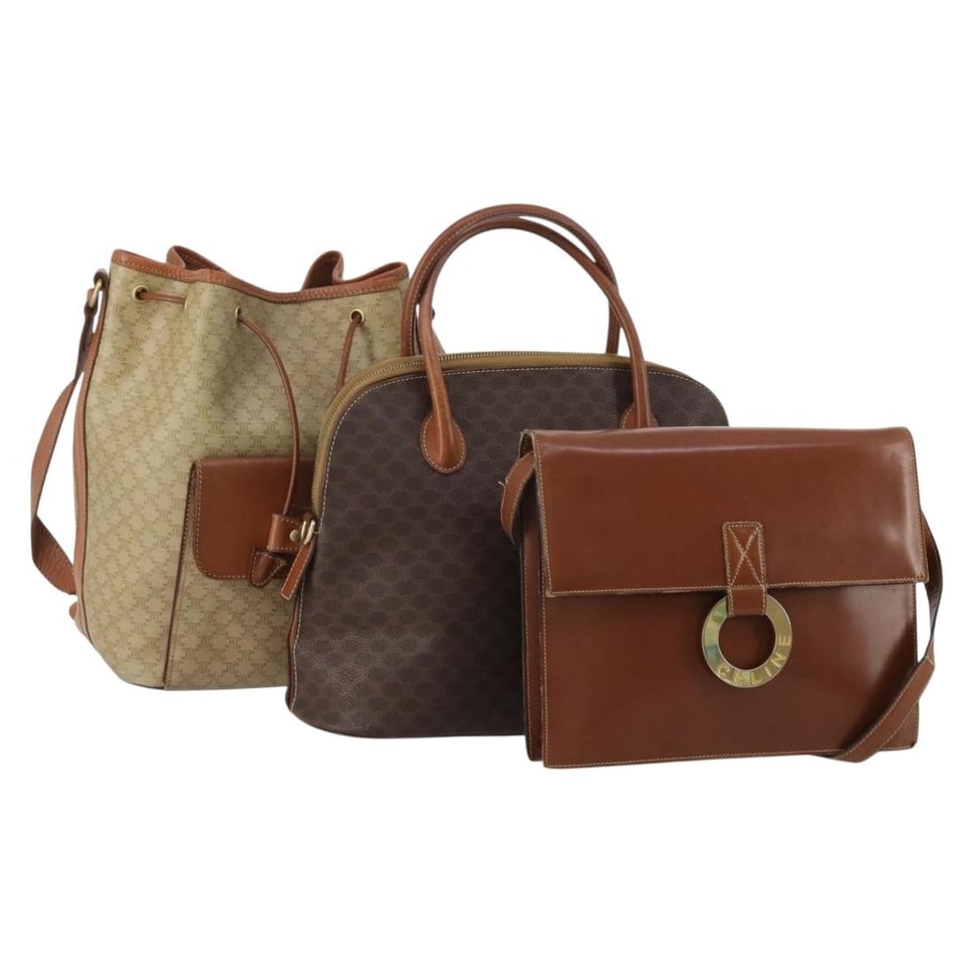 3 Piece CELINE Macadam Shoulder Bag Set in Brown Beige PVC Leather: 3 Piece CELINE Macadam Shoulder Bag Set in Brown Beige PVC Leather Authentic CELINE shoulder bag set in Macadam canvas with PVC leather trim, finished in brown and beige. This women's bag set is made 