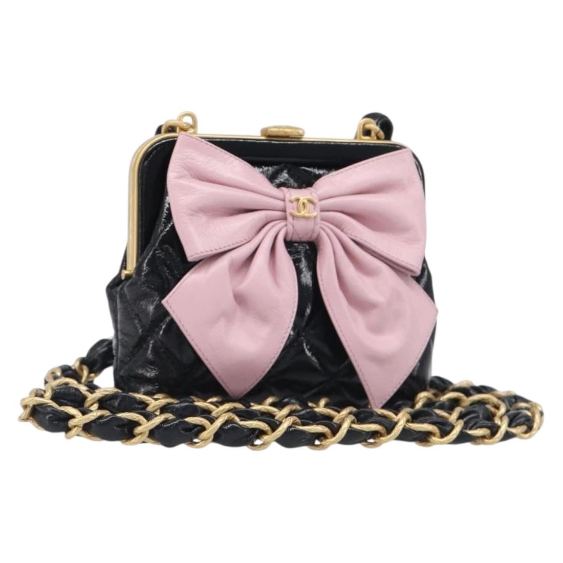 CHANEL Matelasse Patent Leather Shoulder Bag Black Gold Chain CC: CHANEL Matelasse Patent Leather Shoulder Bag Black Gold Chain CC Compact Chanel Matelasse shoulder bag in black patent leather with gold-tone CC detailing. Made in Italy, this women's shoulder bag has
