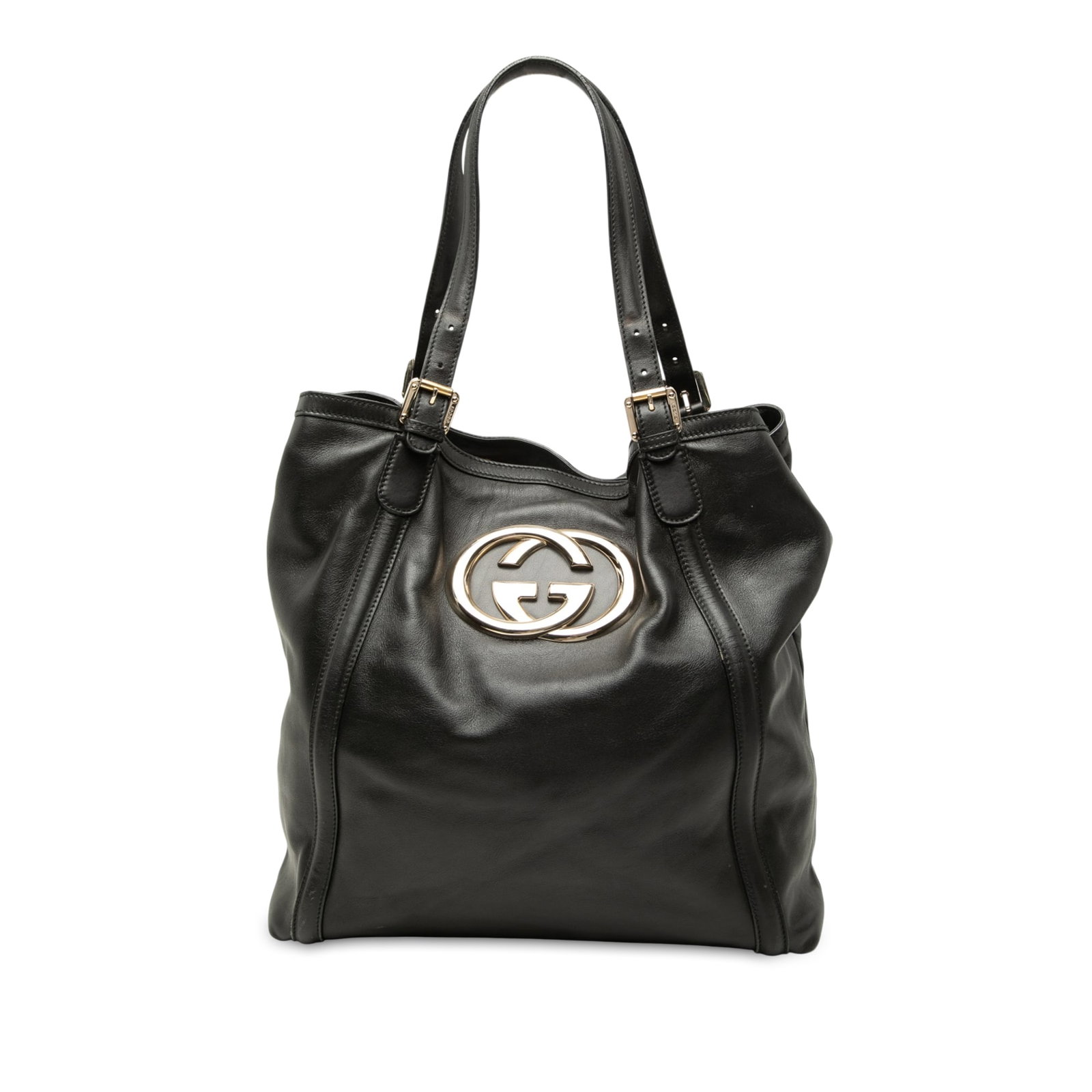 Gucci Britt Tote Black Calfskin Leather Handbag: Gucci Britt Tote Black Calfskin Leather Handbag Gucci Britt Tote in black calf leather with the signature interlocking G detail. This tote features adjustable flat leather straps, an open top with a m