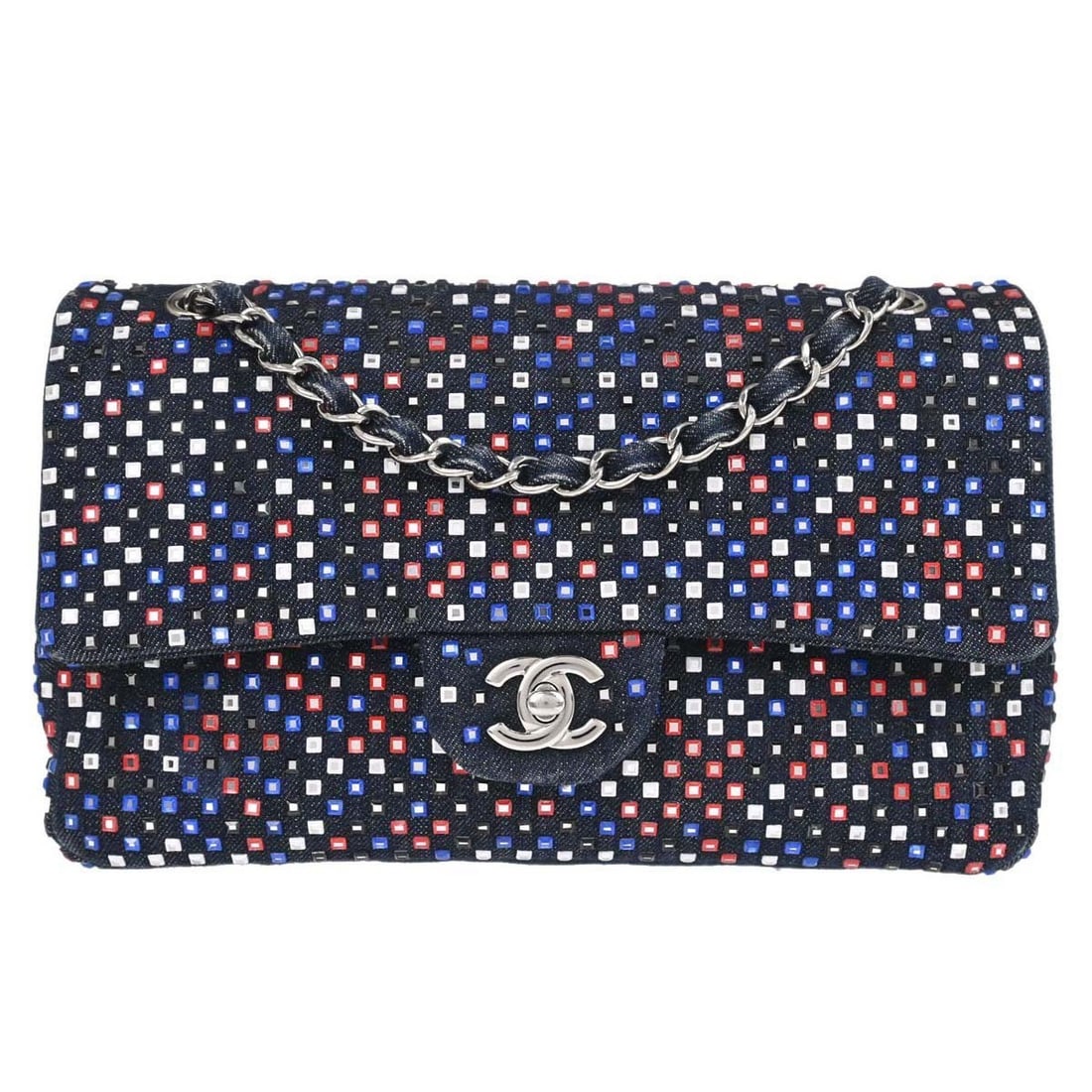 CHANEL Medium Classic Double Flap Shoulder Bag Navy Denim Crystal: CHANEL Medium Classic Double Flap Shoulder Bag Navy Denim Crystal Chanel Classic Double Flap Medium shoulder bag in navy matelasse denim with crystal logo accents. This women's shoulder bag features a