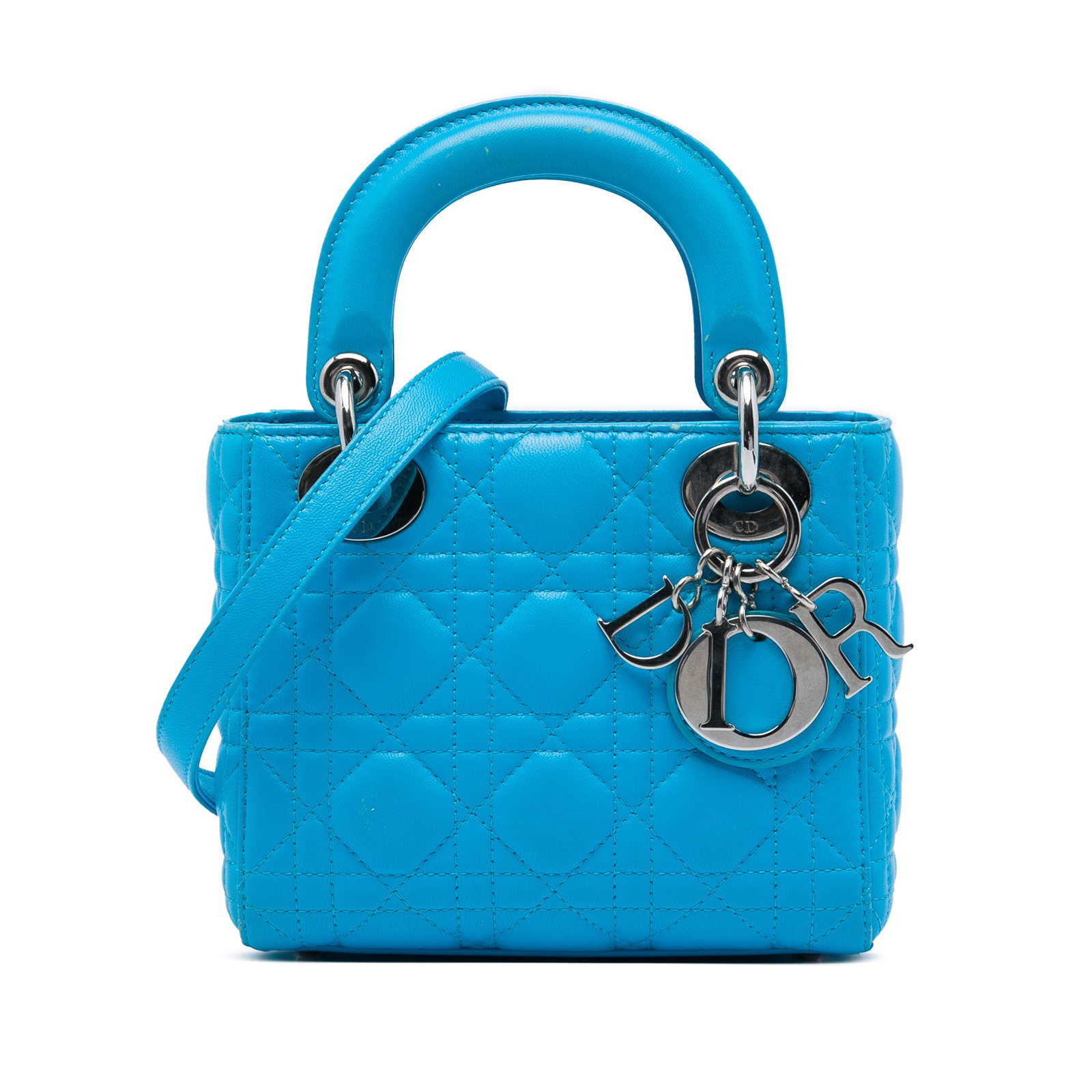 Dior Lady Dior Mini Cannage Lambskin Shoulder Bag Blue: Dior Lady Dior Mini Cannage Lambskin Shoulder Bag Blue A Mini Lady Dior bag crafted in blue quilted lambskin leather with the signature Cannage pattern. It features flat leather top handles, a detacha