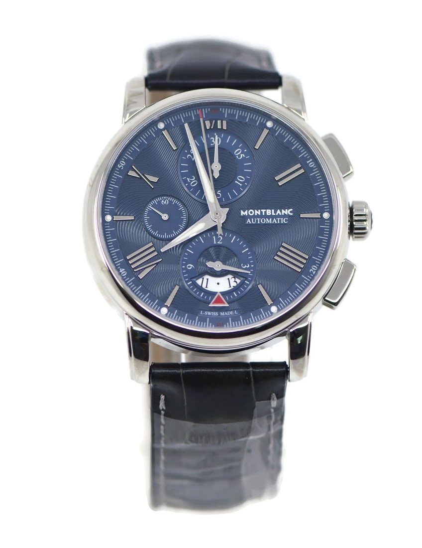 Montblanc 4810 Chronograph Automatic Watch Stainless Steel Blue Dial 119961: Montblanc 4810 Chronograph Automatic Watch Stainless Steel Blue Dial 119961 This Montblanc 4810 Chronograph Wristwatch is a stunning piece crafted from high-quality stainless steel, featuring a striki