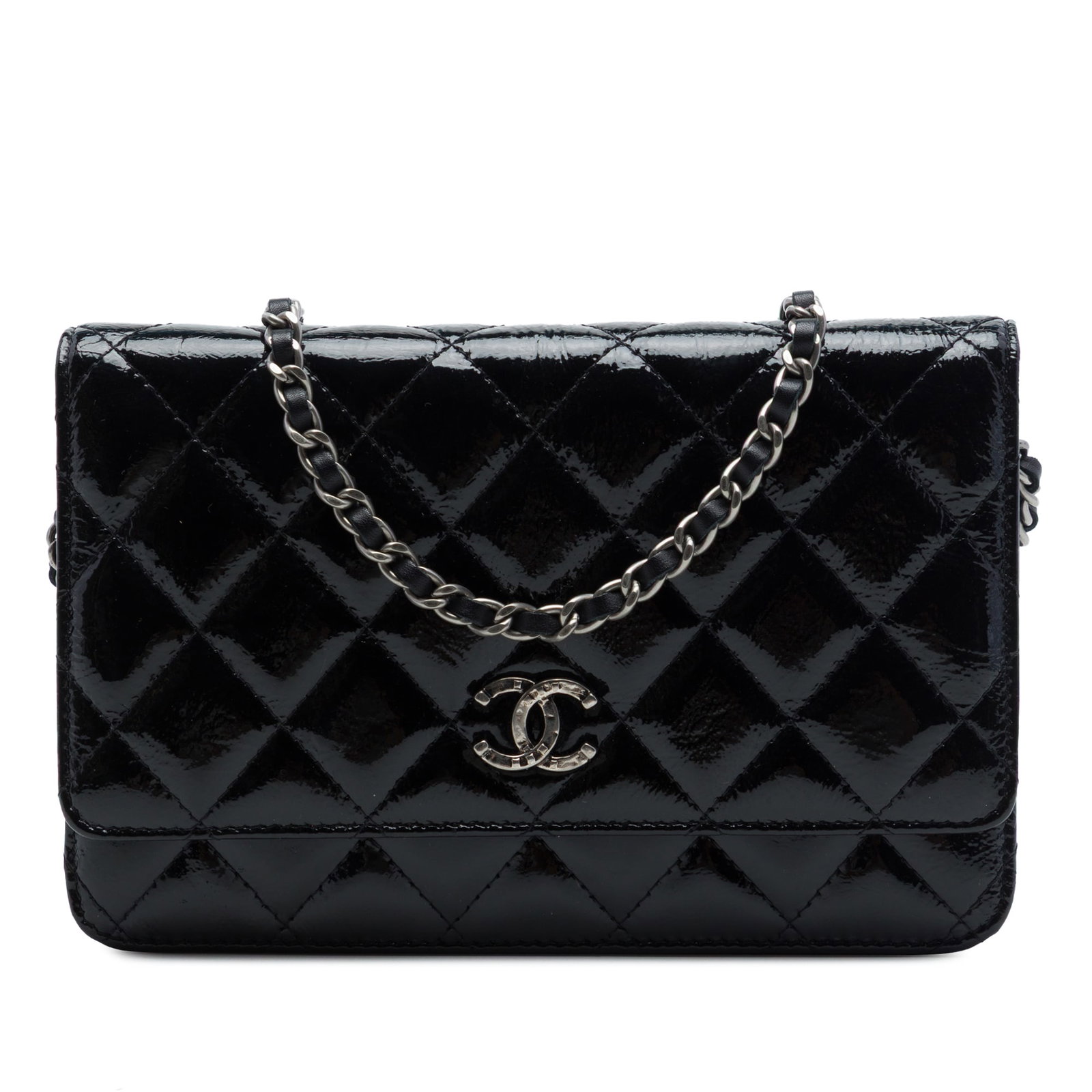 Chanel Paris Dallas CC Patent Goatskin Wallet on Chain: Chanel Paris Dallas CC Patent Goatskin Wallet on Chain Chanel Paris Dallas CC quilted patent goatskin wallet on chain in black. This Italian-made bag features a quilted patent goatskin leather body, a
