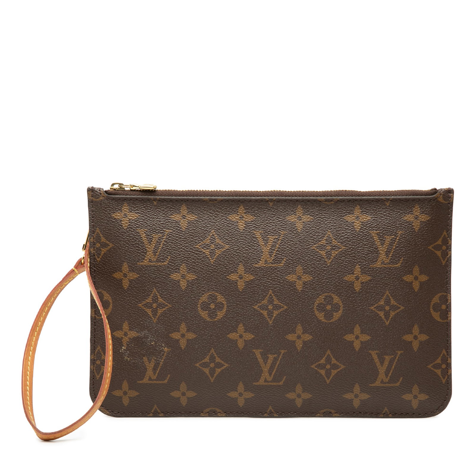Louis Vuitton Neverfull MM Monogram Canvas Wristlet Pouch: Louis Vuitton Neverfull MM Monogram Canvas Wristlet Pouch Louis Vuitton Monogram Neverfull MM Pouch crafted with a monogram canvas body and a detachable flat vachetta leather wrist strap. The pouch fe