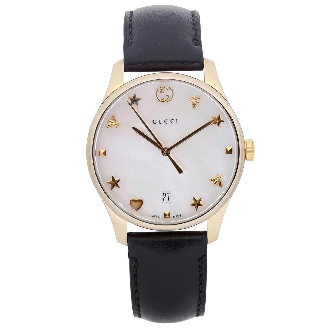 Gucci G-Timeless YA1264044 Ladies Quartz Watch 36mm MOP Dial: Gucci G-Timeless YA1264044 Ladies Quartz Watch 36mm MOP Dial Gucci G-Timeless ladies quartz watch with a mother-of-pearl dial and black leather strap. The watch is in overall good condition with cosme