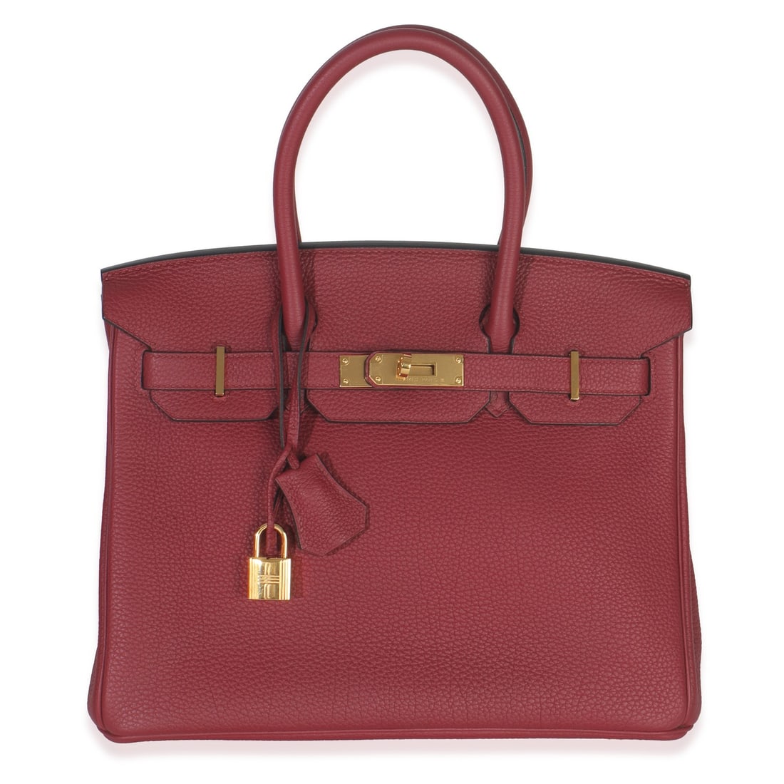 Hermes Birkin 30 Rouge Grenat Leather Bag with Gold Hardware: Hermes Birkin 30 Rouge Grenat Leather Bag with Gold Hardware This pre-owned Hermes Birkin 30 handbag is crafted from Rouge Grenat Togo leather and features gold-tone hardware. The bag includes a top h