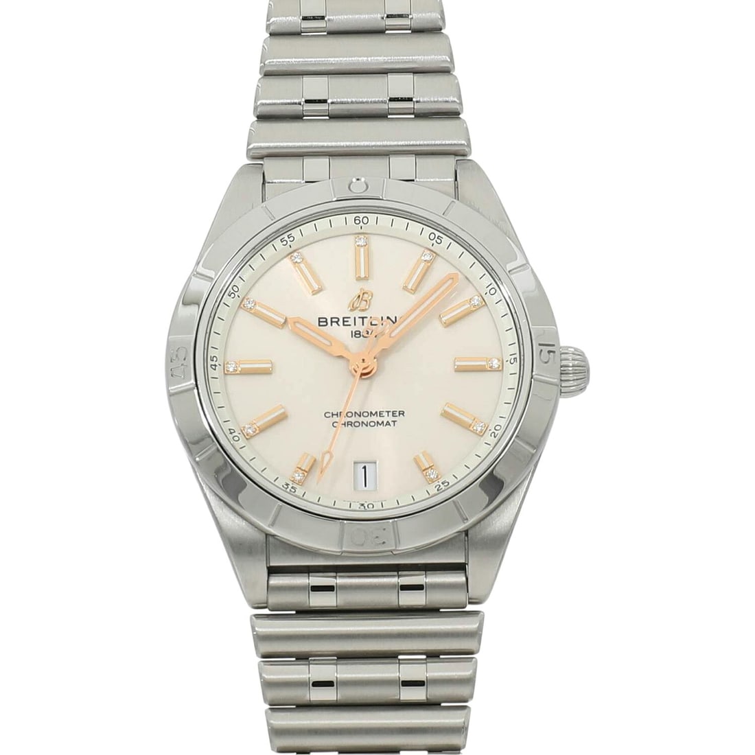 Breitling Chronomat Automatic 36 Unisex Watch Ref A10380101A2A1 A10380: Breitling Chronomat Automatic 36 Unisex Watch Ref A10380101A2A1 A10380 Breitling Chronomat Automatic 36 wristwatch with an automatic movement and a silver dial featuring 11 diamond hour markers. This 