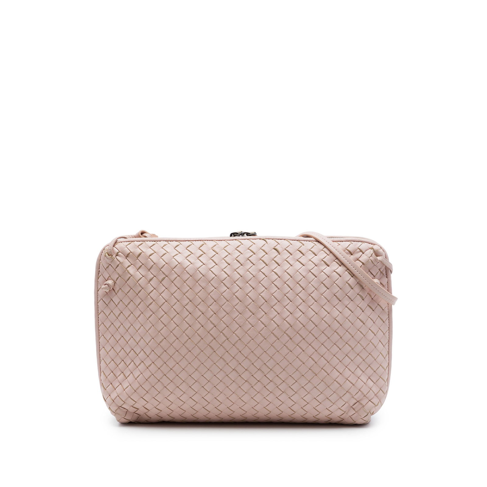 Bottega Veneta Nodini Large Intrecciato Nappa Leather Crossbody Bag: Bottega Veneta Nodini Large Intrecciato Nappa Leather Crossbody Bag Bottega Veneta Large Nappa Intrecciato Nodini Crossbody in pink woven nappa leather. This crossbody bag features a flat leather stra