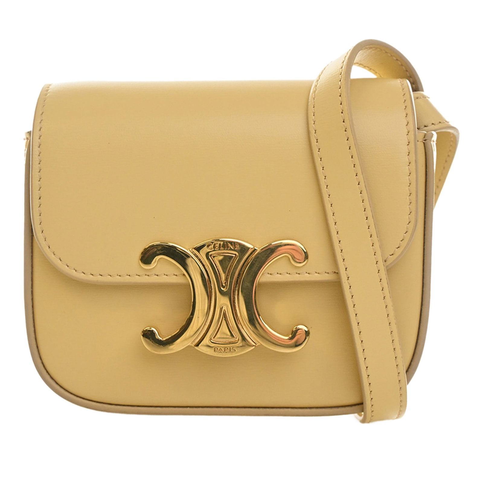 Celine Triomphe Mini Crossbody Bag in Yellow Shiny Calfskin: Celine Triomphe Mini Crossbody Bag in Yellow Shiny Calfskin Compact and structured, this Celine Mini Shiny Calfskin Triomphe Crossbody is crafted in yellow leather with an adjustable flat leather stra