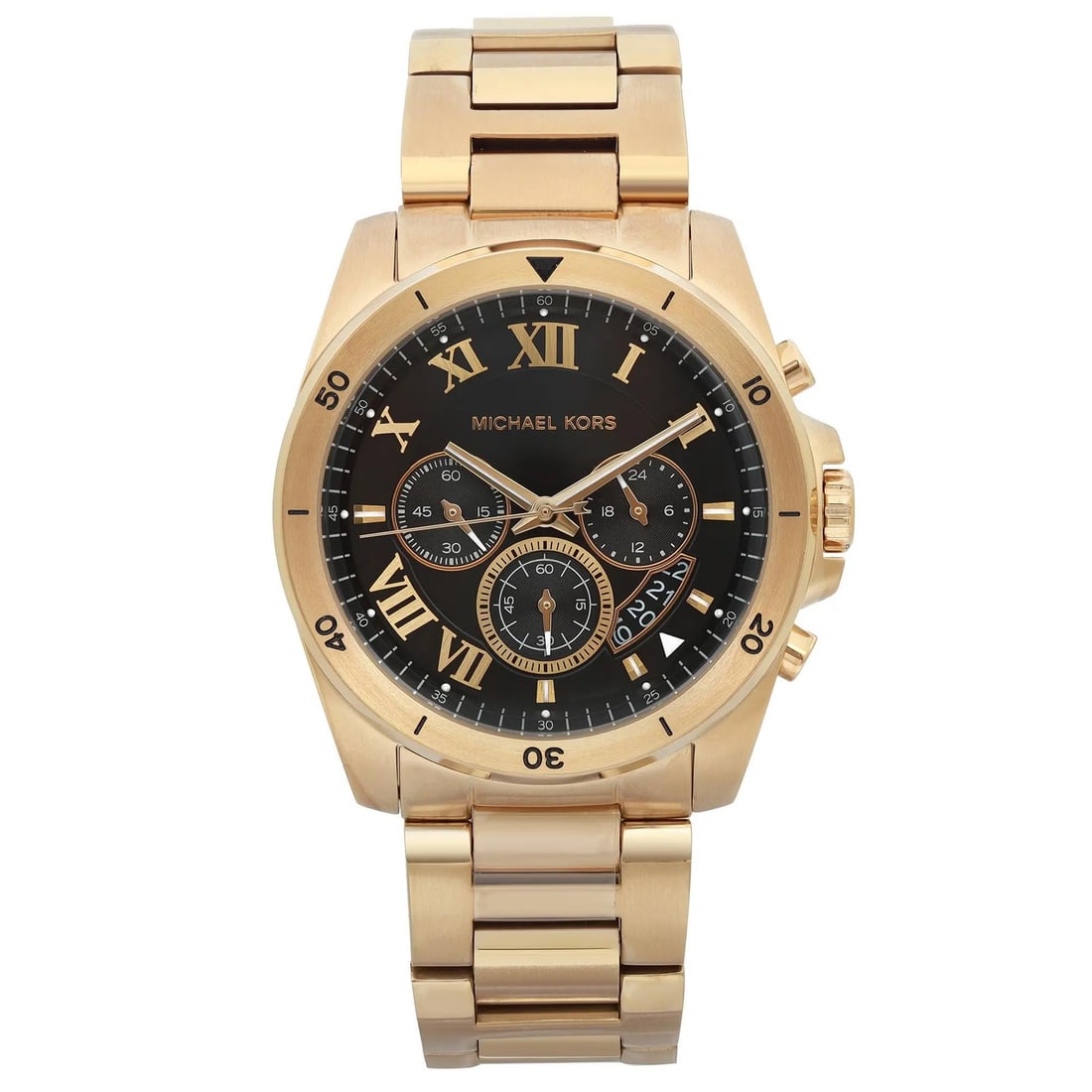 Michael Kors Brecken mens 44mm wristwatch black dial gold tone steel MK8481: Michael Kors Brecken mens 44mm wristwatch black dial gold tone steel MK8481 Pre-owned Michael Kors Brecken men's wristwatch with a black analog dial and gold-tone stainless steel case and bracelet. Th