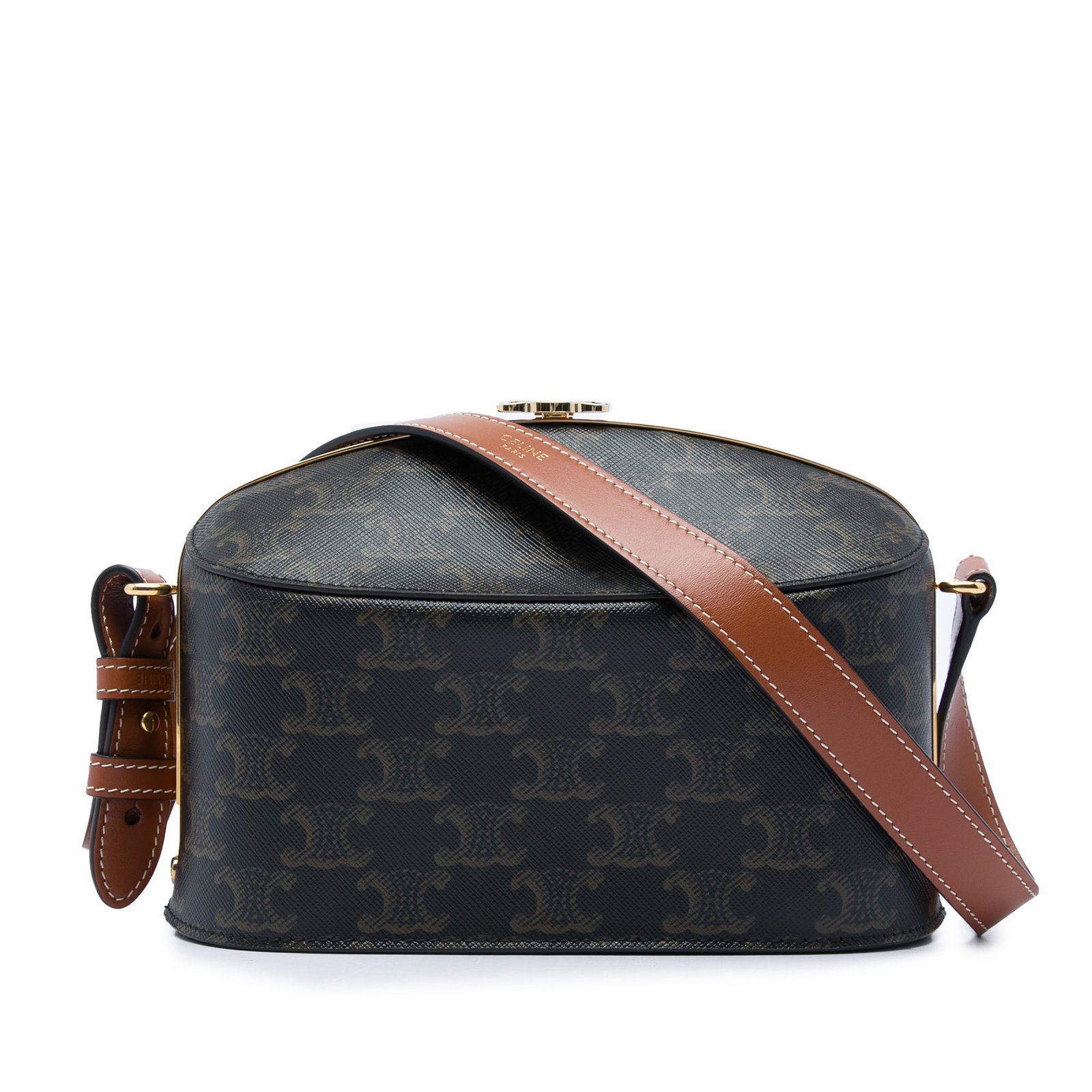 Celine Triomphe coated canvas shoulder bag with clasp: Celine Triomphe coated canvas shoulder bag with clasp A Celine Triomphe Lunch Box shoulder bag crafted with a coated canvas body and a flat leather strap. The design features a top frame with clasp cl