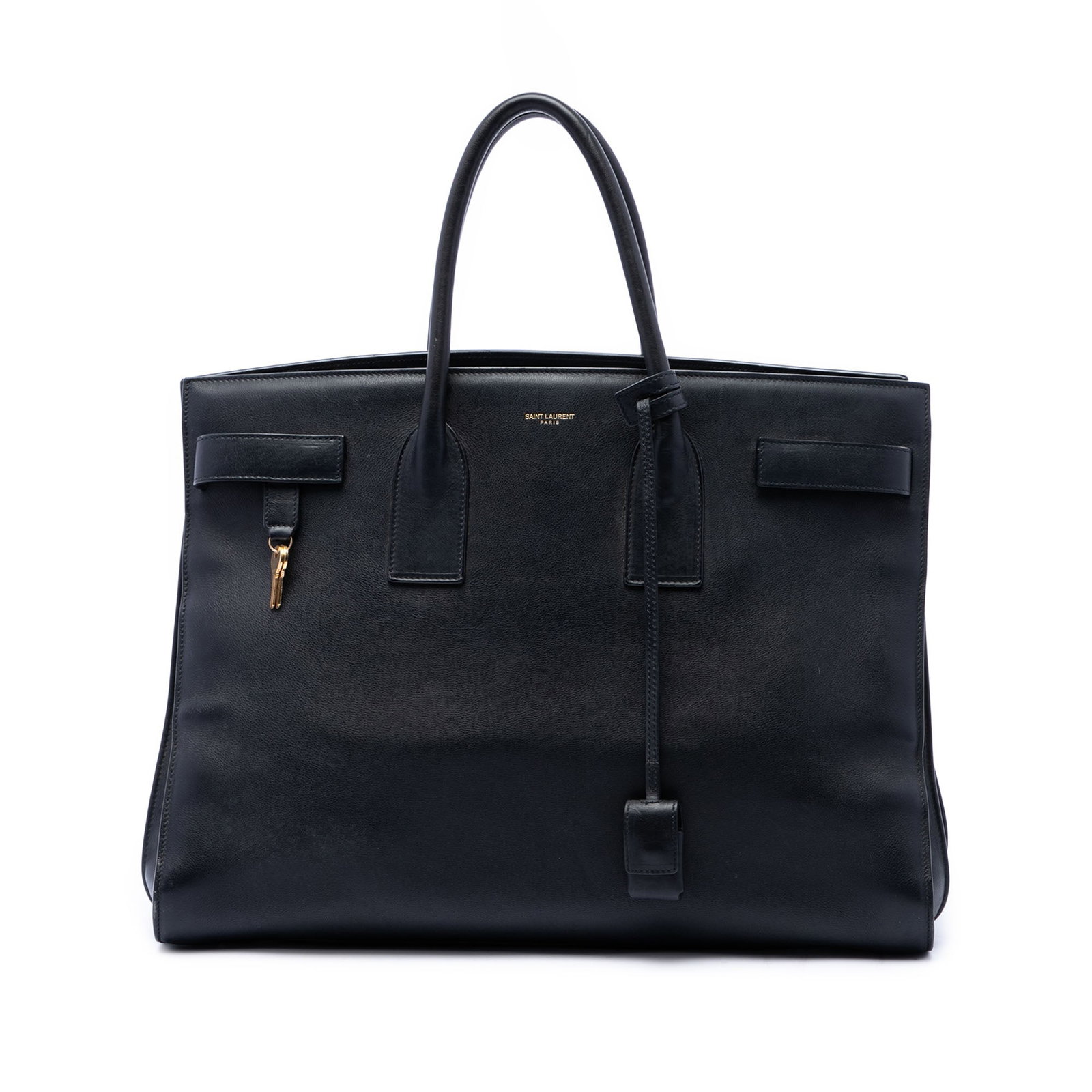 Saint Laurent Sac de Jour Large Soft Calfskin Leather Satchel: Saint Laurent Sac de Jour Large Soft Calfskin Leather Satchel A Saint Laurent Large Soft Calfskin Sac De Jour satchel crafted in black leather. This satchel features rolled leather handles, an open to