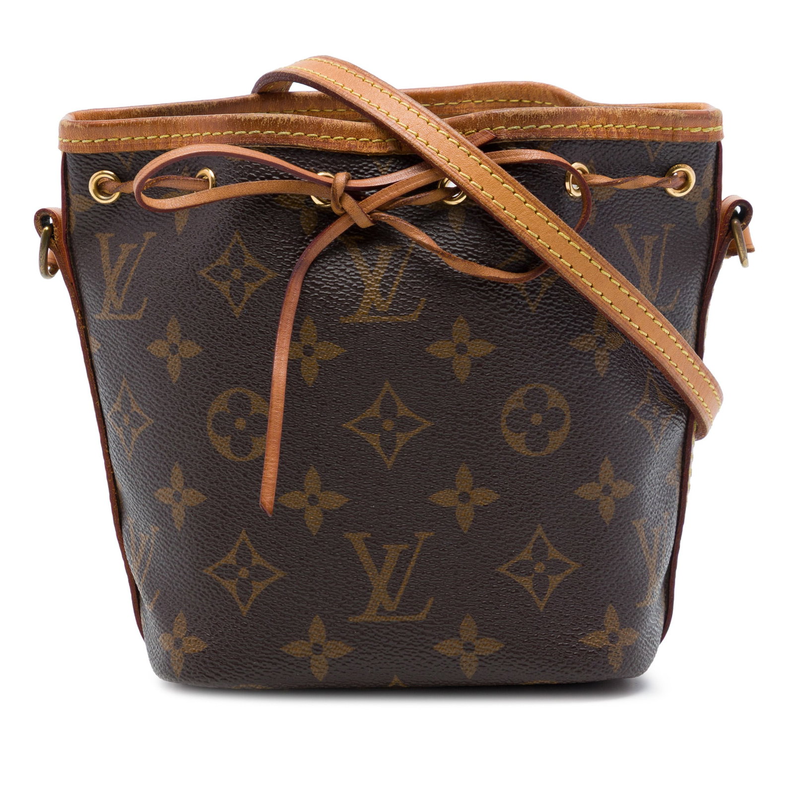 Louis Vuitton Nano Noe Monogram Canvas Drawstring Bag: Louis Vuitton Nano Noe Monogram Canvas Drawstring Bag Louis Vuitton Monogram Nano Noe bag crafted with a monogram canvas body and vachetta leather trim. It features a flat vachetta leather strap and a