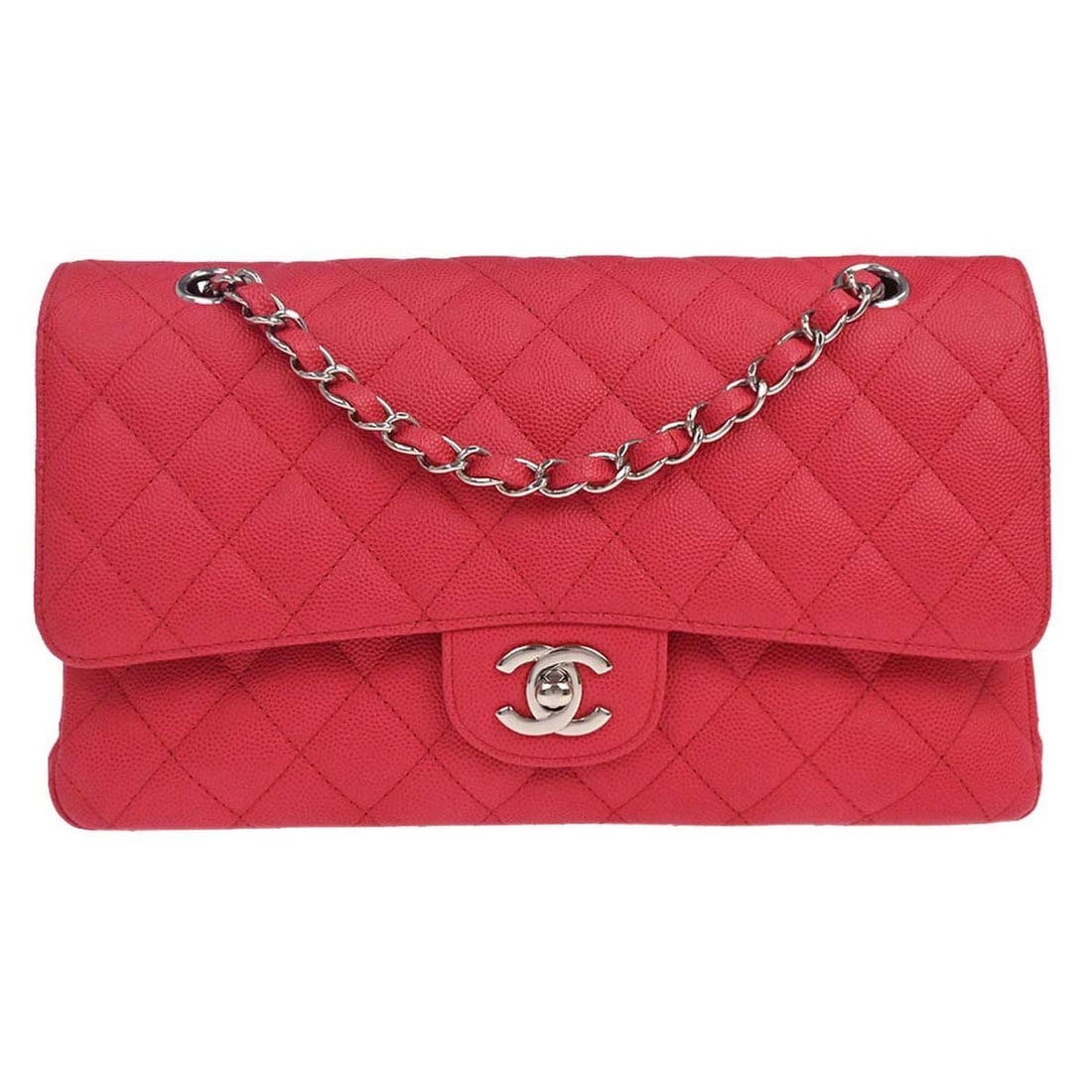 CHANEL Classic Double Flap Medium Red Caviar Leather Shoulder Bag: CHANEL Classic Double Flap Medium Red Caviar Leather Shoulder Bag Chanel Medium Classic Double Flap shoulder bag in red caviar skin leather with matelasse quilting, a turnlock closure, leather lining,