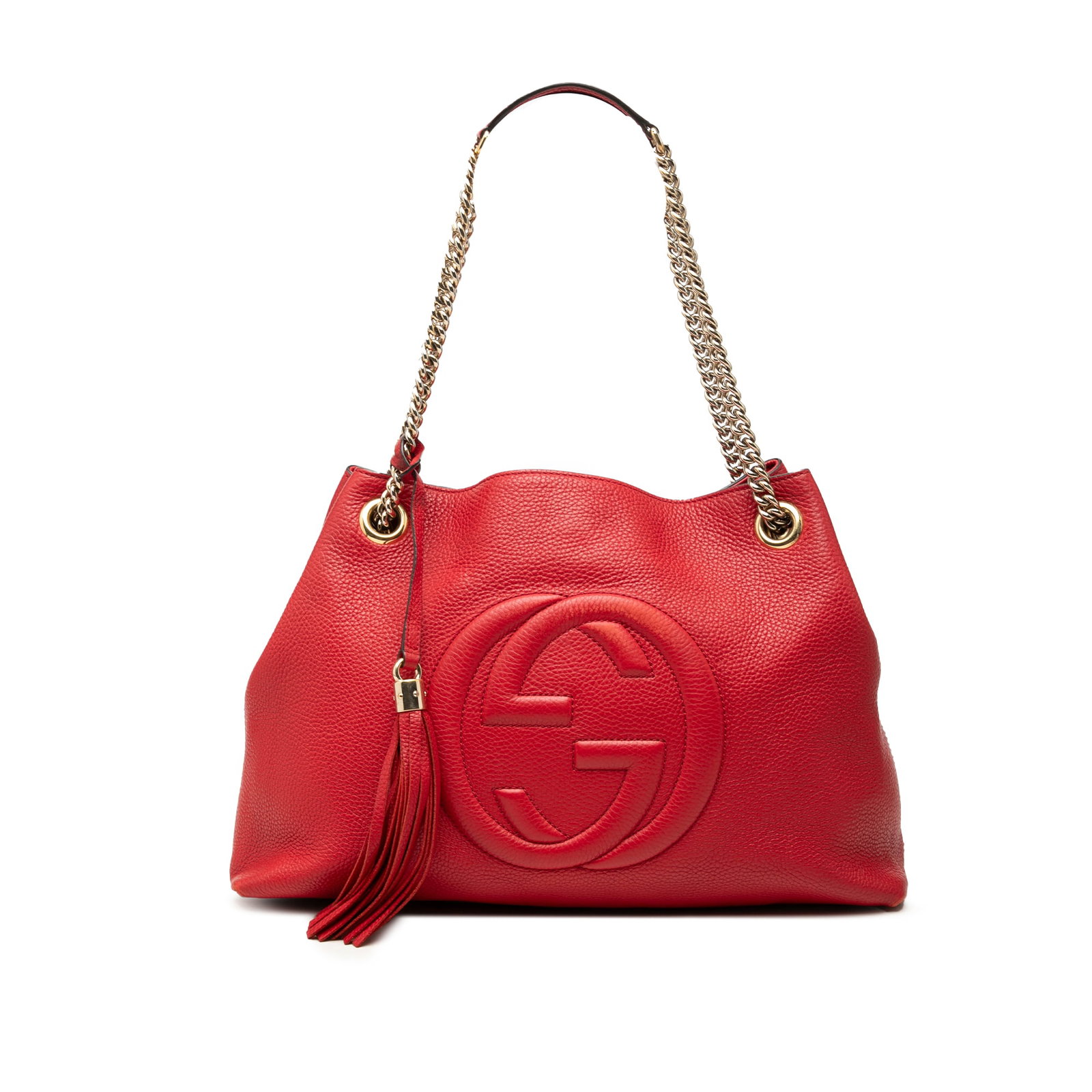 Gucci Soho Chain Tote Medium Red Calfskin Leather Bag: Gucci Soho Chain Tote Medium Red Calfskin Leather Bag A Gucci Medium Calfskin Soho Chain Tote in red leather with chain link straps and leather guards, accented by a tassel detail. The open-top design