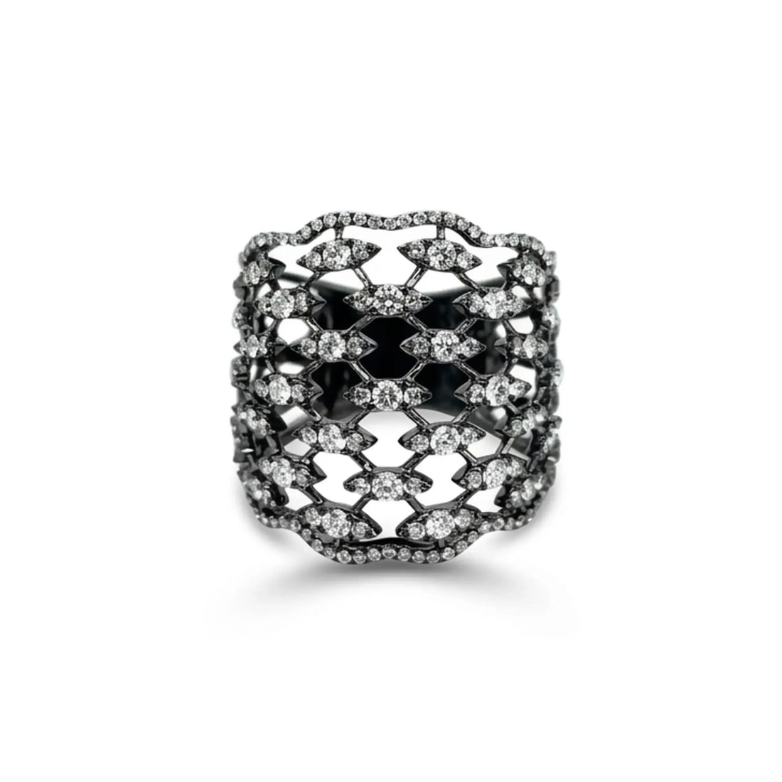Crivelli Fascia Bombata Griffata 18K White Gold Diamond Pave Band Ring: Crivelli Fascia Bombata Griffata 18K White Gold Diamond Pave Band Ring Crivelli Fascia Bombata Griffata diamond band ring crafted in 18k white gold with black rhodium plating. The open cutwork design 