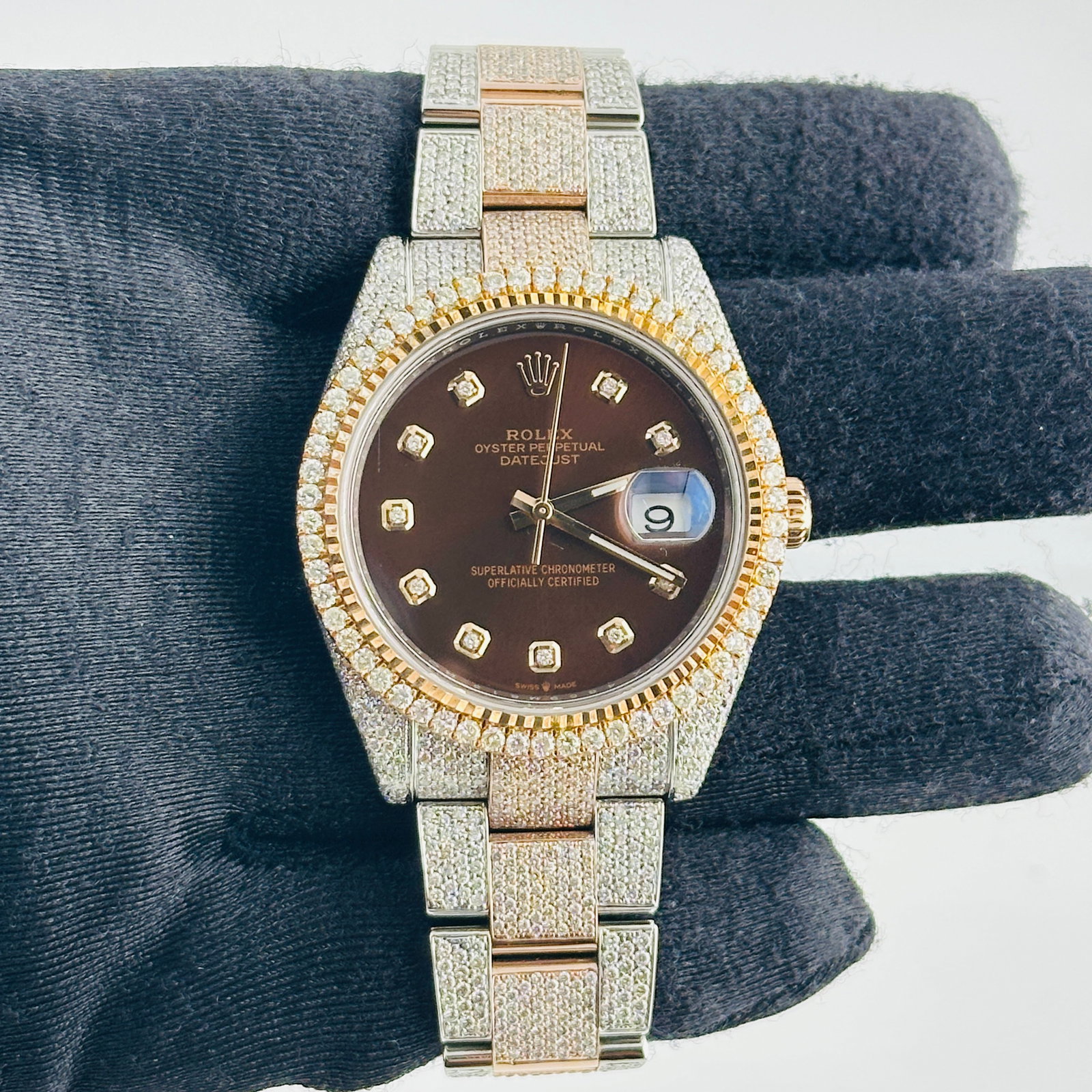 Rolex Datejust 126301 Mens Watch aftermarket chocolate diamond dial: Rolex Datejust 126301 Mens Watch aftermarket chocolate diamond dial Rolex Datejust reference 126301 with an Aftermarket chocolate diamond dial, paired with a diamond Oyster bracelet and a prong RG pla