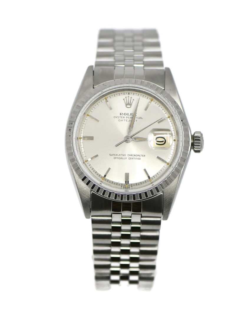 Rolex Datejust Ref 1603 36mm stainless steel wristwatch: Rolex Datejust Ref 1603 36mm stainless steel wristwatch Vintage Rolex Datejust reference 1603 wristwatch with a stainless steel case and bracelet. This pre-owned men's automatic watch features a silve