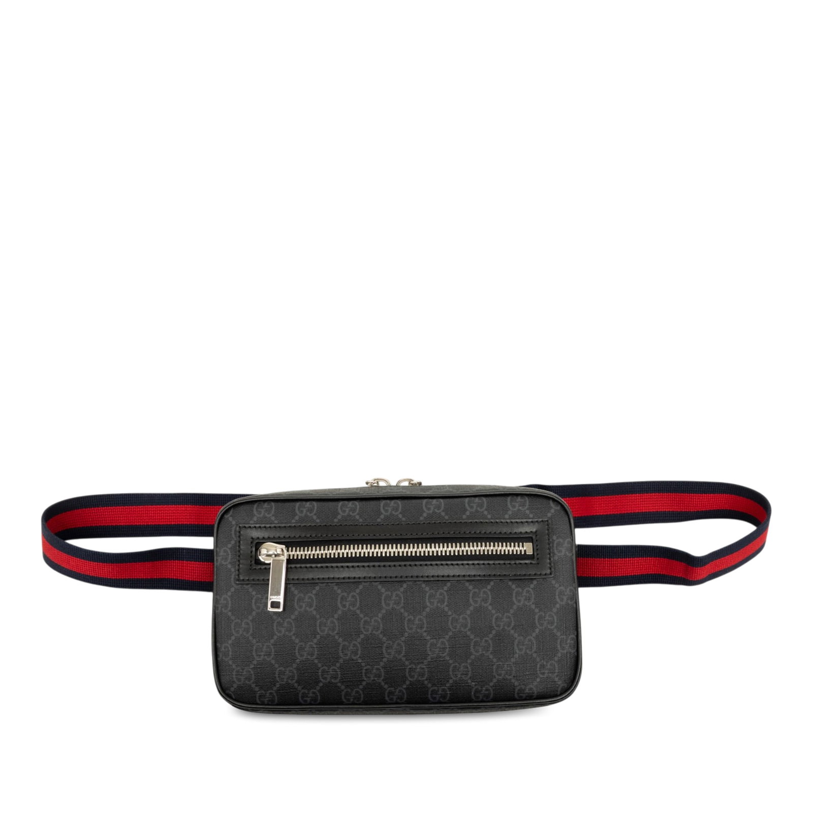 Gucci GG Supreme Waist Bag in Black Coated Canvas: Gucci GG Supreme Waist Bag in Black Coated Canvas Gucci GG Supreme Web Belt Bag with a coated canvas body and leather trim. This waist bag features an adjustable flat canvas strap, a top zip closure, 