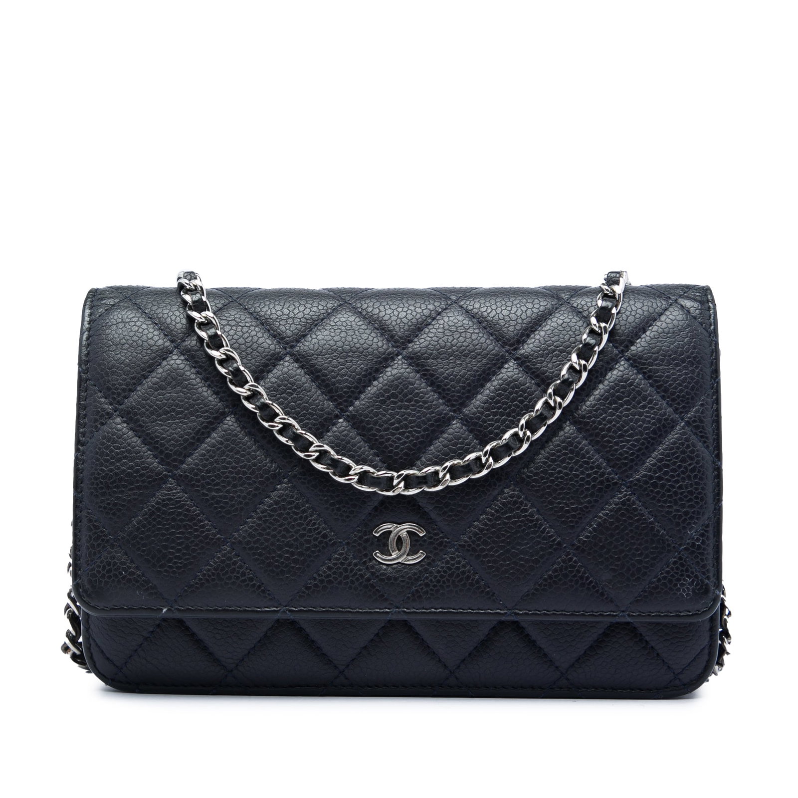 Chanel CC Wallet on Chain in Black Quilted Caviar Leather: Chanel CC Wallet on Chain in Black Quilted Caviar Leather Chanel CC Quilted Caviar Wallet on Chain in black leather with a quilted caviar leather body, leather-woven chain link shoulder strap, front f