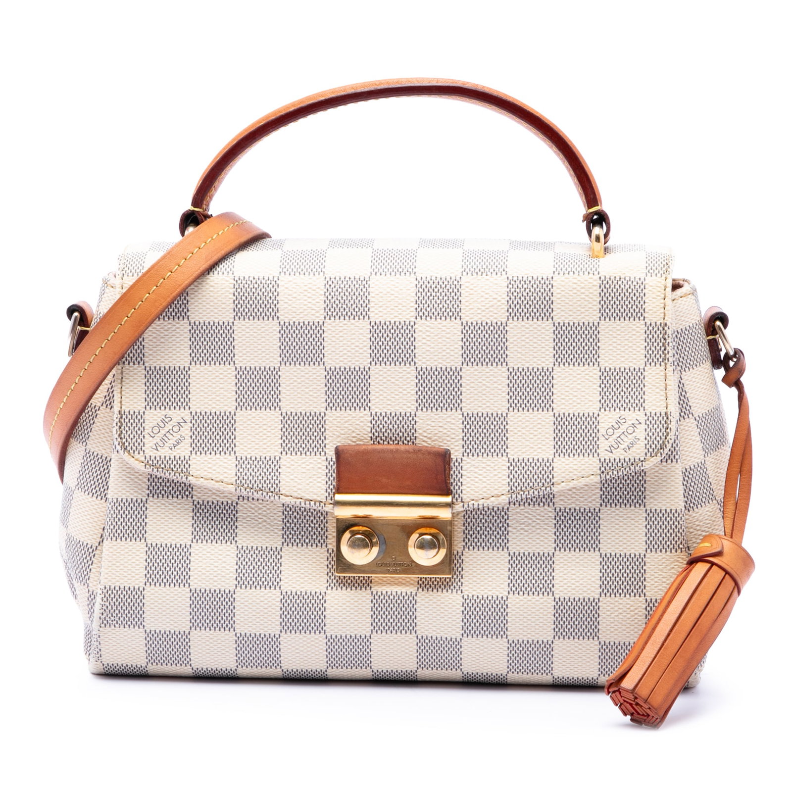 Louis Vuitton Croisette Handbag in Damier Azur Canvas: Louis Vuitton Croisette Handbag in Damier Azur Canvas Louis Vuitton Croisette handbag in Damier Azur canvas with vachetta leather trim and tassel detail. This bag features a flat top handle, a detacha